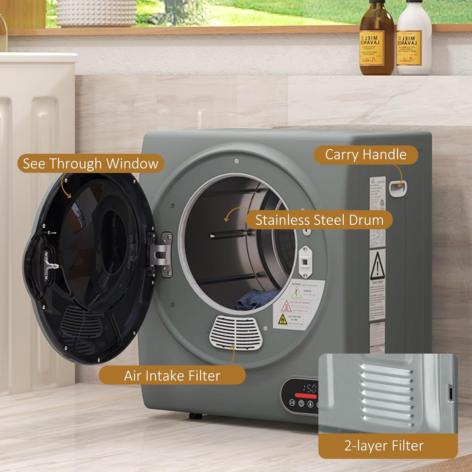 HOMCOM Portable Clothes Dryer, Compact Laundry Dryer with 1.5 cu.ft Stainless Steel Drum, Intelligent Drying, 120V 850W Front Load Electric Dryer for Apartments, Dorms, RVs - Charcoal Gray