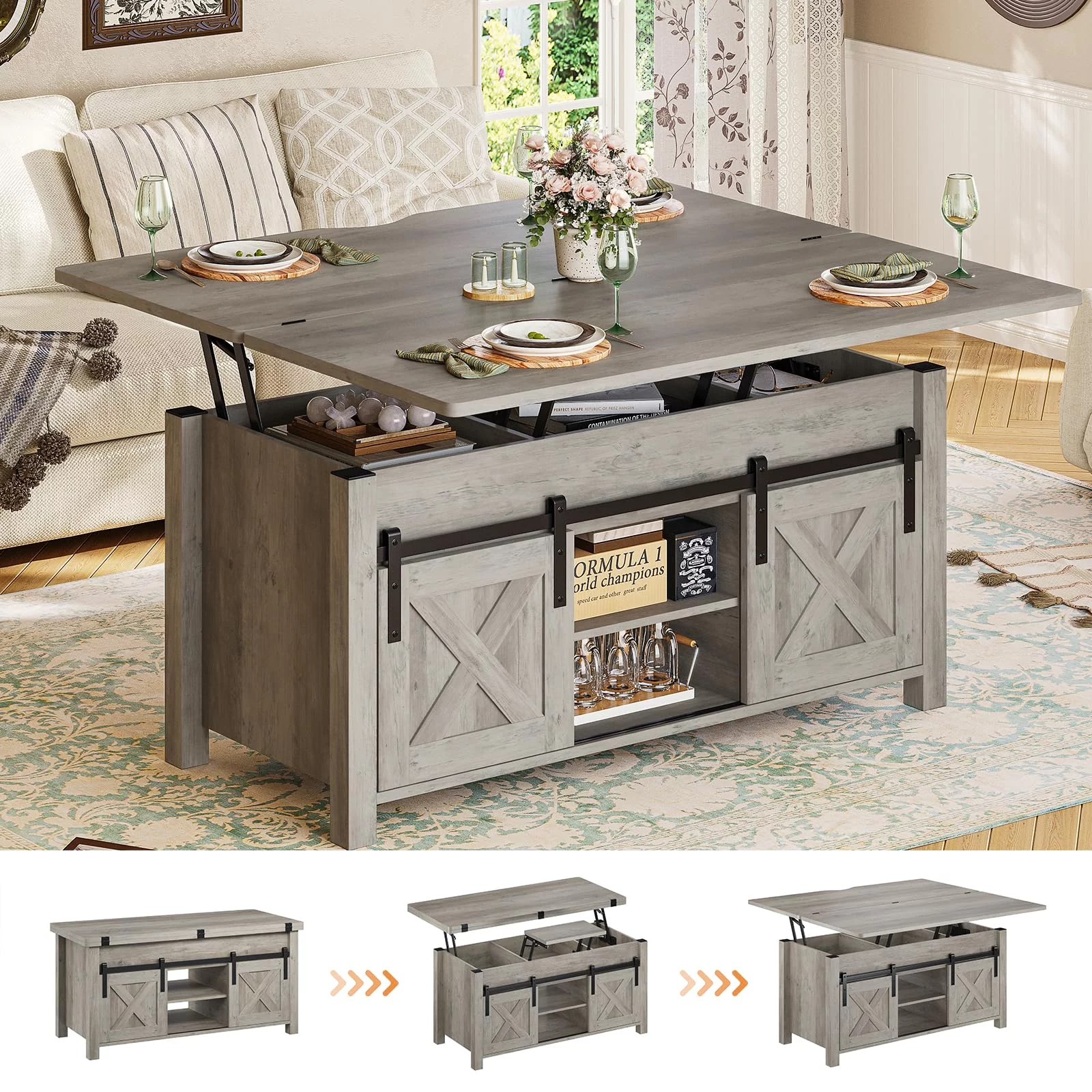 Lift Top Coffee Table with Storage,4 in 1 Multi-Function Convertible Coffee Tables with Hidden Storage Compartment, Farmhouse Dining Table for Living Room, Grey - Curated Treasures Market