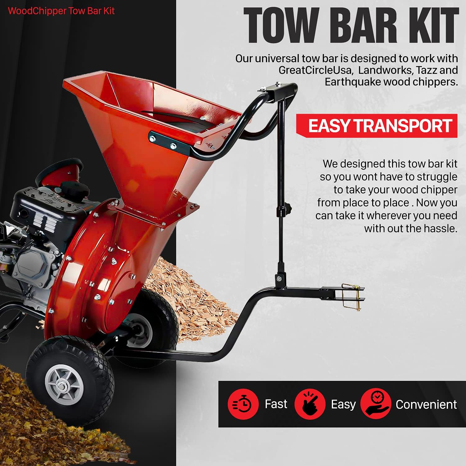 GreatCircleUSA Universal Wood Chipper Shredder Mulcher Tow Bar Kit PRO Heavy Duty Adjustable Accessory, Landworks, SuperHandy, Harbor Freight, Tazz & Earthquake (Wood Chipper NOT Included)
