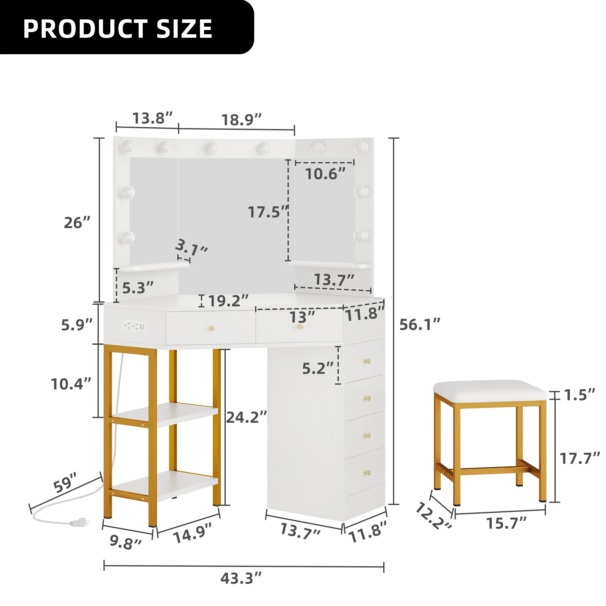Dextrus Corner Vanity Desk With Lights & Mirror, Makeup Vanity with Shelf & 6 Drawers, Vanity Dressing Table for Makeup,Modern Desk Vanity for Bedroom, White