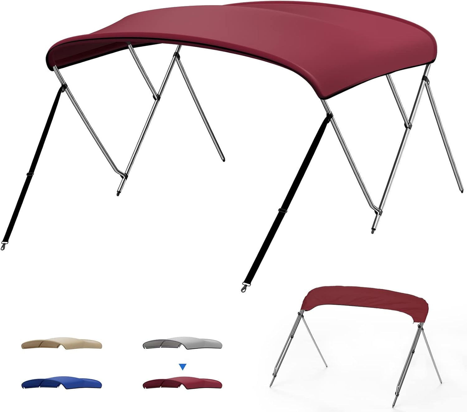 kemimoto Bimini Top for Boat, 3 Bow Bimini Top for Pontoon Jon Boat with 1 Inch Stainless Aluminum Frame, Boat Bimini Top with Rear Support Pole, Boat Accessories