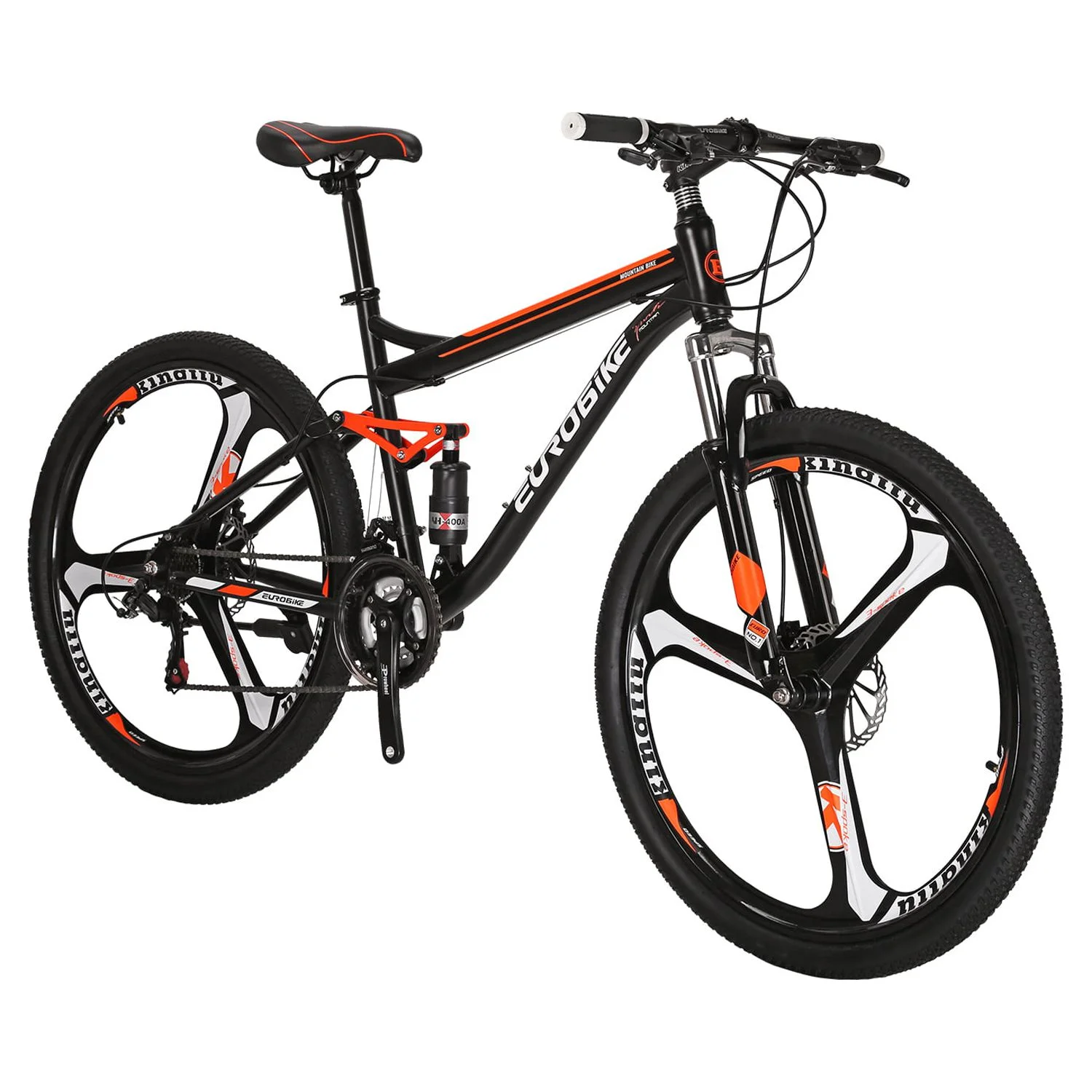 Eurobike S7 Mountain Bike Full Suspension Frame 21 Speed Shifter 27.5 Inch Wheels Dual Disc Brakes Bikes for Men Orange