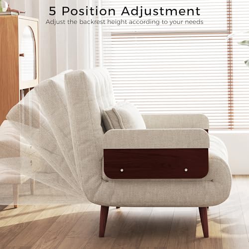 3-in-1 Convertible Chair Bed Sleeper for Adults, Linen Convertable Sleeper Chair with Wooden Arms & Pillows, Foldable Single Futon Sofa Bed (Mid Century with Walnut Arm, 36.6" Wide)