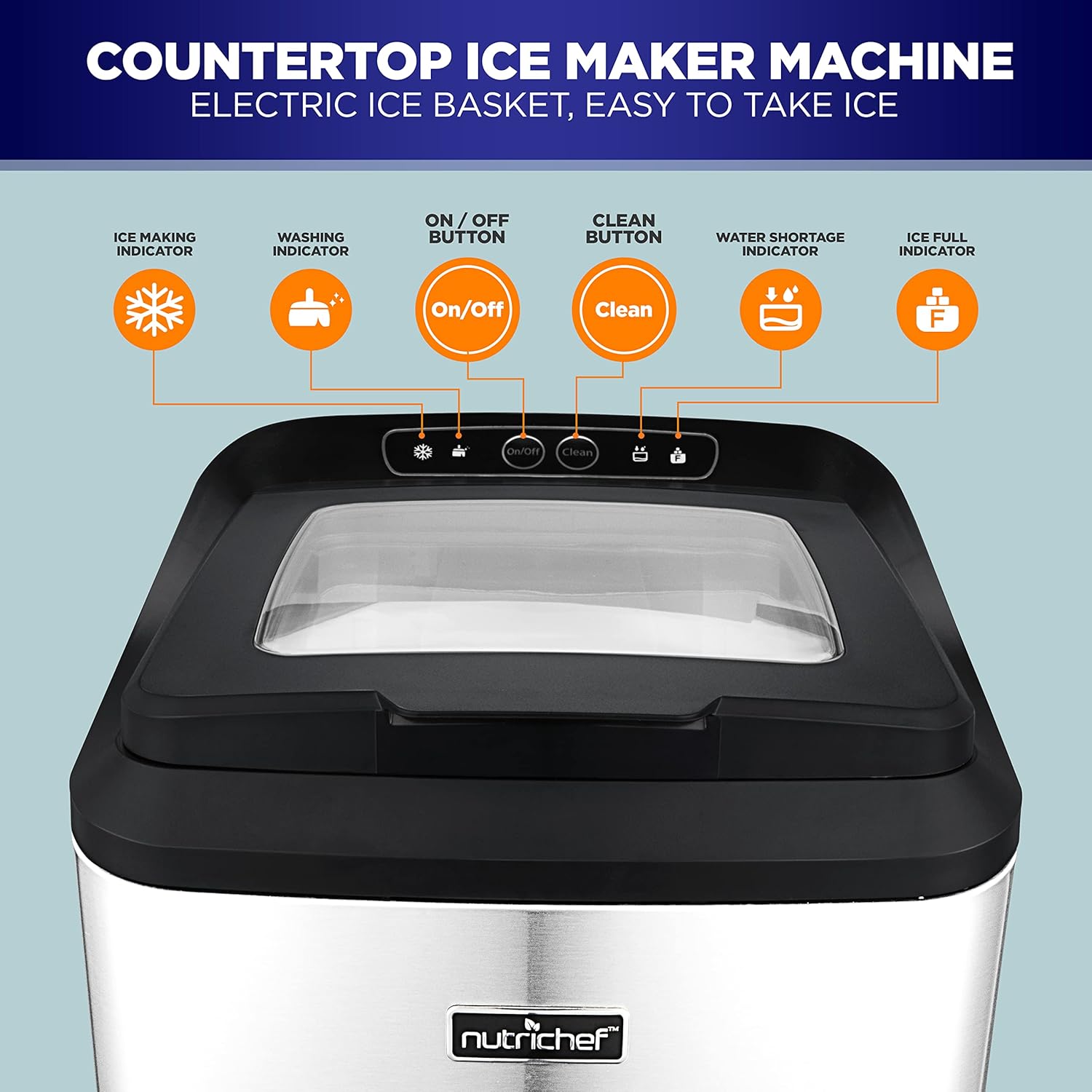 NutriChef Countertop Nugget Ice Maker Machine,Compact Self Cleaning Pellet Ice Machine,Quiet,Fast,and Efficient Icemaker,Stainless Steel Housing,Sleek Design for Indoor Use,Home,RV,