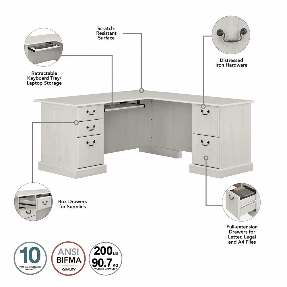 Saratoga L Shaped Desk with Storage Set in Linen White Oak - Engineered Wood