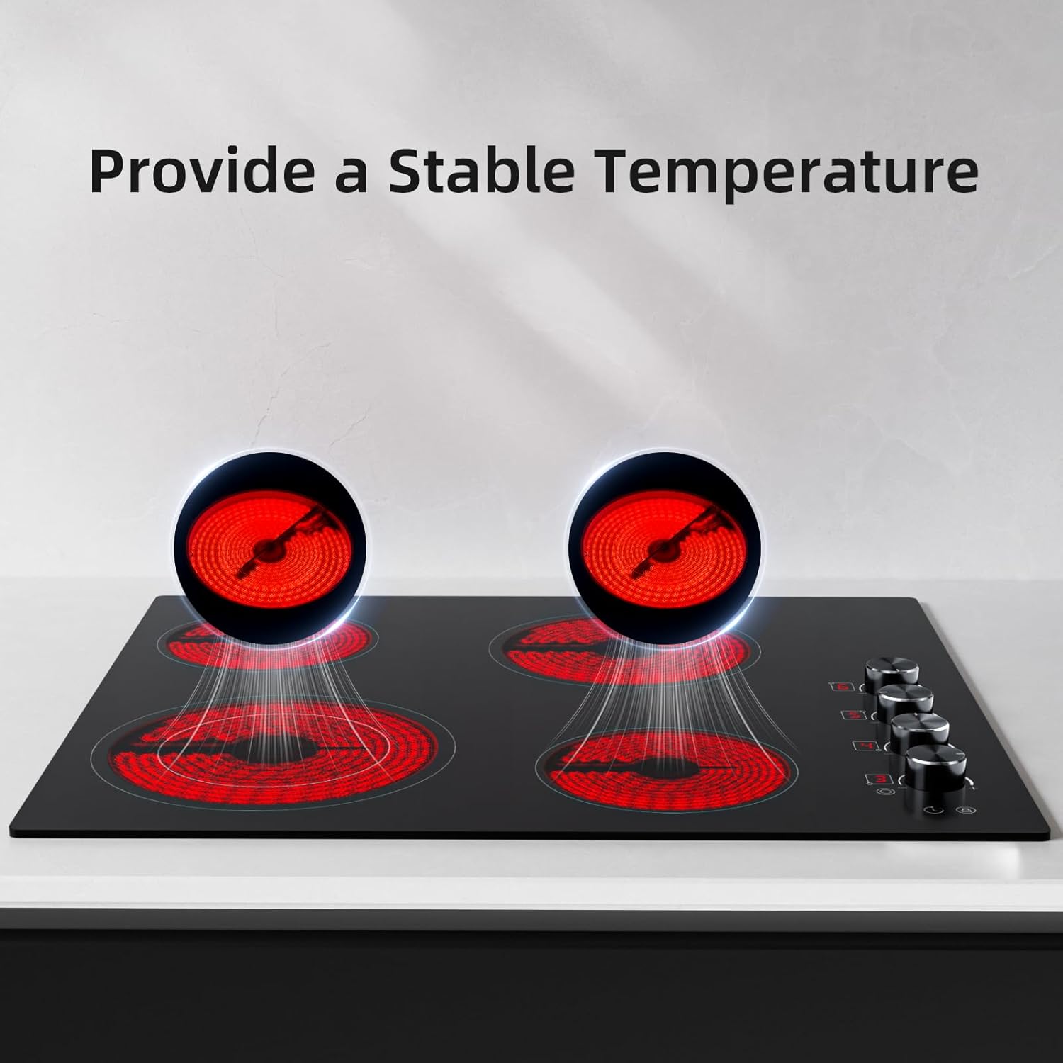 Electric Cooktop 24 inch Ceramic Stove 4 Burners Built-in Electric Stove 220-240V Electric Ceramic cooktop in Black, Control by Knob/Child Lock/9 Power Levels/Timer