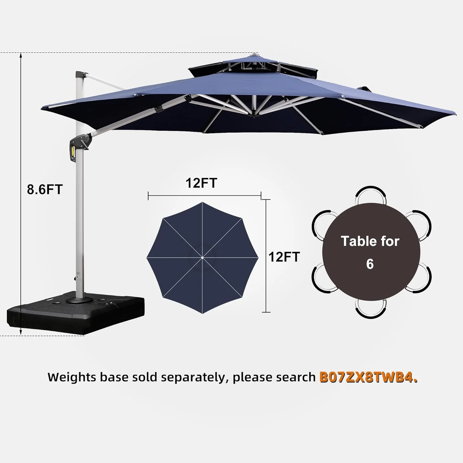 PURPLE LEAF Patio Umbrella 12 Feet Double Top Round Deluxe Offset Hanging Umbrella Outdoor Market Umbrella Garden Umbrella, Navy Blue
