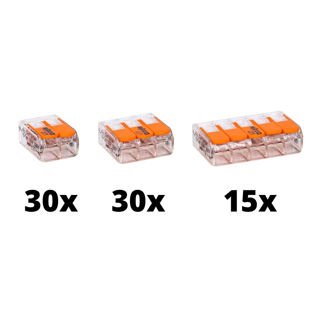 WAGO 75 Pcs Wire Connectors, 221 Series Lever-Nuts Assortment with Case, Includes (30x) 221-412, (30x) 221-413, (15x) 221-415, Compact Splicing Electrical Connector