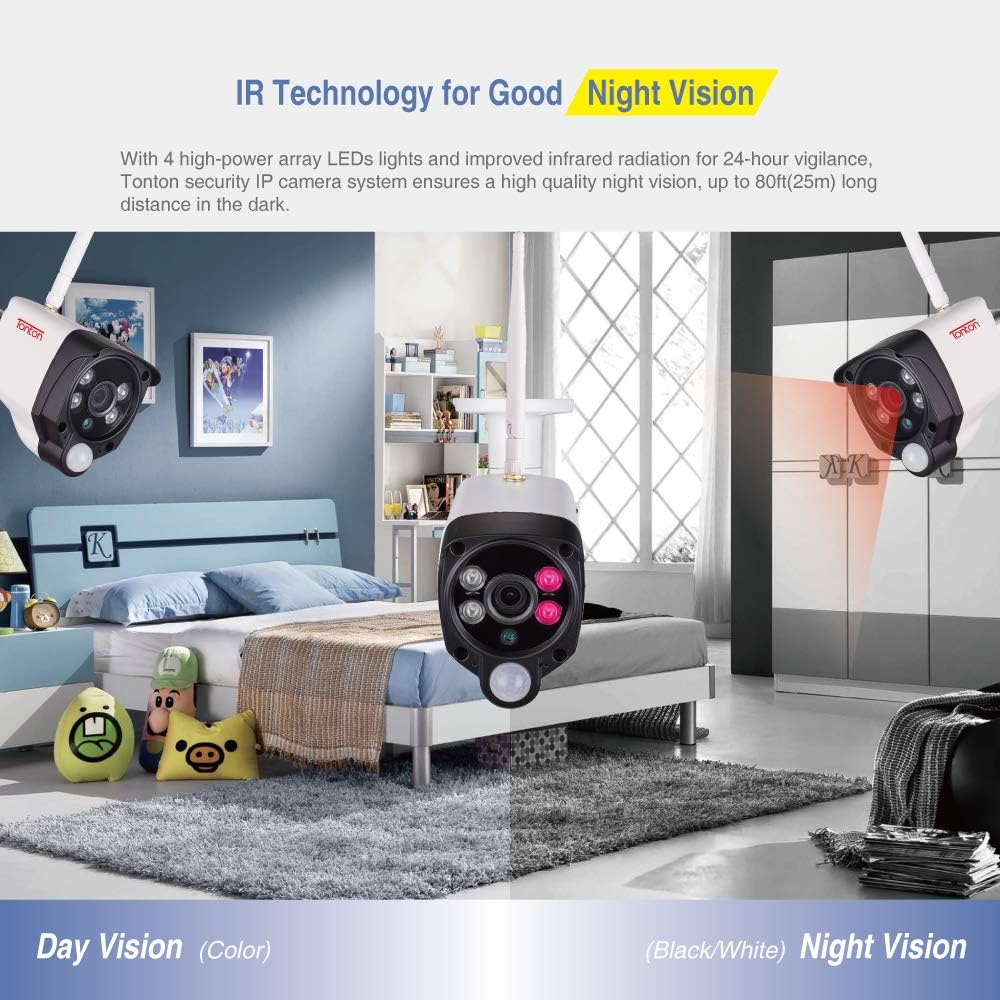 [2K&2 Way Audio&Thermal Detection] Tonton Wireless All-in-One Ultra HD Security Camera System with 16 Inch Monitor, 8CH NVR with 1TB HDD,4PCS 3MP Outdoor Bullet IP Cameras,Plug and Play