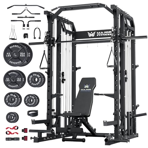 Major Fitness Drone2 Advanced Training Smith Machines– All-in-One Home Gym Squat Rack with Aluminum Pulley Set , Weight Bar, Dual LAT Pull-Down Systems & Cable Crossover Machine for Full-Body Workouts
