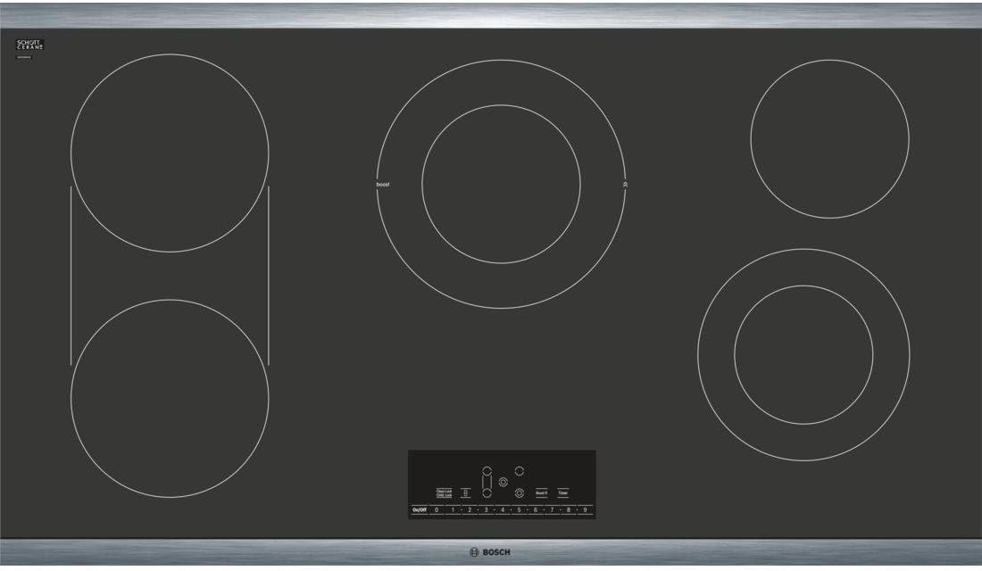 Bosch NET8668SUC 36" Electric Cooktop with 5 Elements 17 PreciseSelect Temperature Settings Automatic Shut Off Timer Bridge Element SpeedBoost Heat Indicator and Stainless Steel Frame
