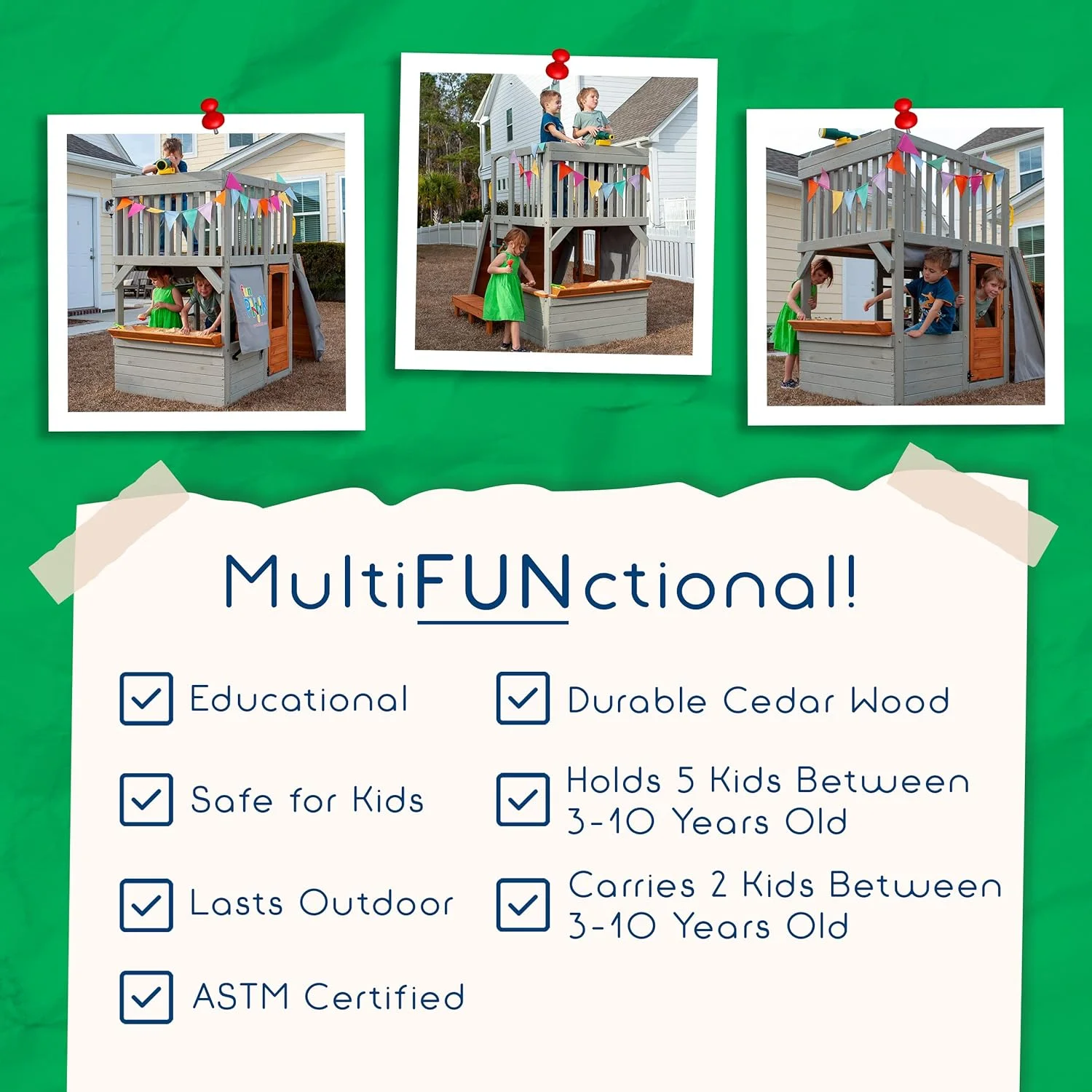 Large Playhouse for Kids Outdoor - Funphix Wooden Playhouse with Sandbox, Bench, Play Telescope, Ladder, Climbing Ramp & Doors - Durable 2 Levels Lookout Post Outdoor Playset for Backyard