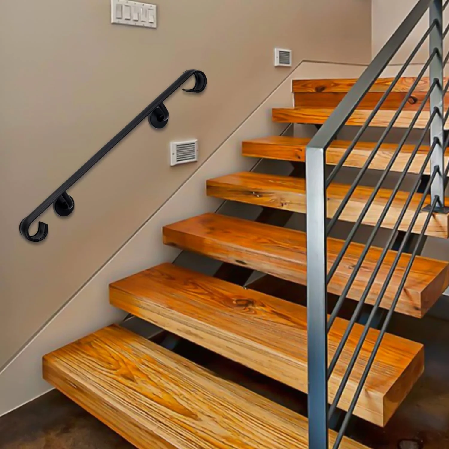 AUCHI Wall Handrail Wrought Iron, Stair Handrail Safety Non-Slip and Rust Resistant, Wall Mount Handrail Fits 4-5 Steps for Indoor or Outdoor Stairs - Curated Treasures Market