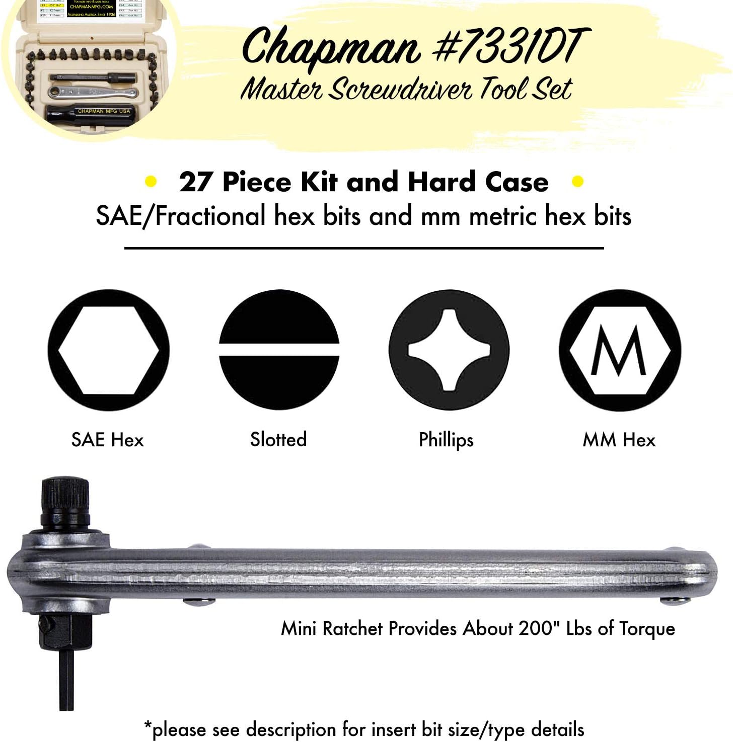 Chapman MFG 7331 All-Purpose Standard Screwdriver Set - Includes Phillips, SAE Allen Hex & Slotted/Flathead Bits, Complete Set Offers 24 USA Made Insert Bits + Mini Ratchet Hand Tool (Desert Tan Case) Pack of 2