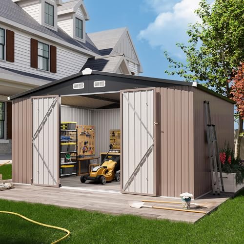 Aoxun 10 x 12FT Outdoor Storage Shed with Double Hinged Large Door Utility Garden Shed with Lockable Door & Sloped Roof Metal Sheds Outdoor Storage for Garden, Backyard, Patio and Backyard, Brown