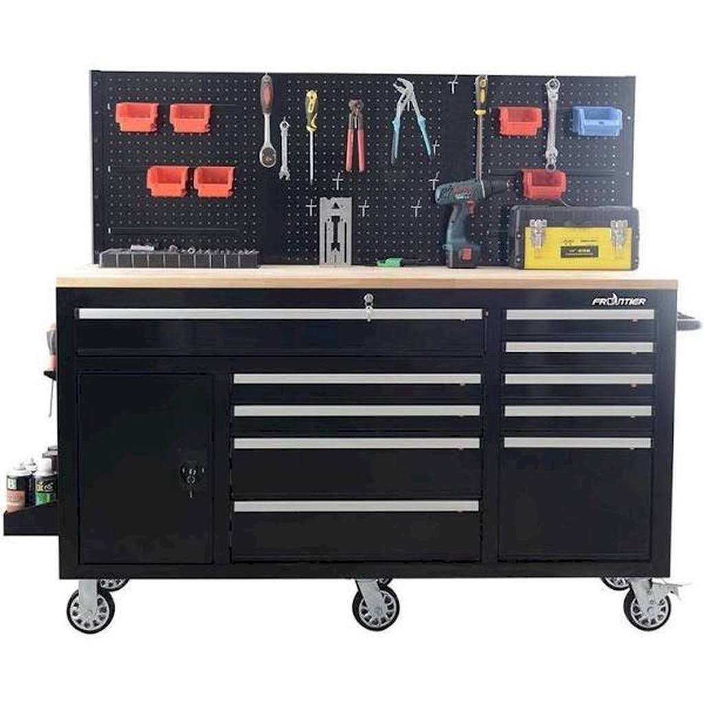 Frontier XTB6210B 62 in. 10-Drawer Tool Chest Cabinet with Pegboard Back Wall, Heavy Duty Mobile Workbench in Black