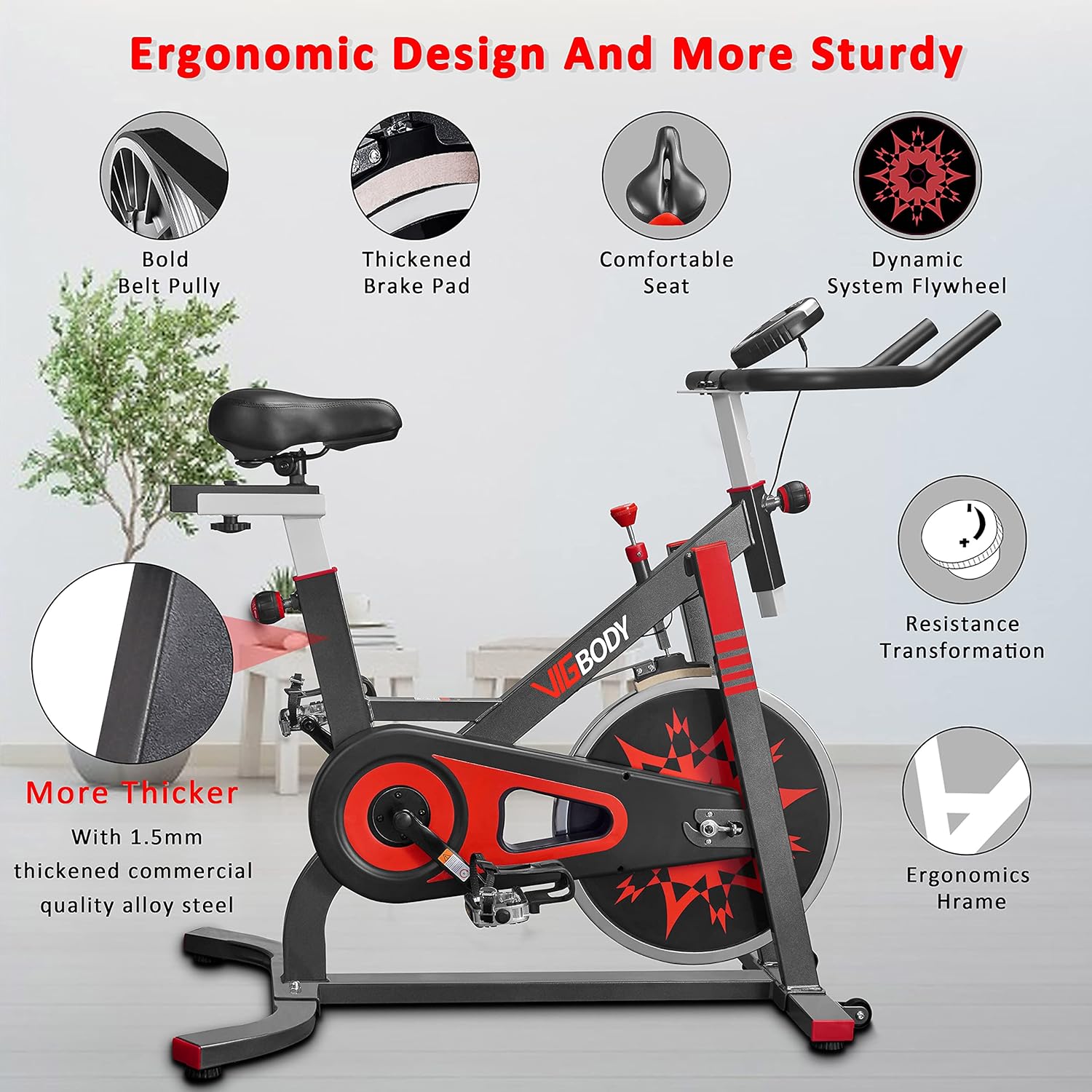 VIGBODY Exercise Bike Indoor Cycling Bicycle Stationary Bikes Cardio Workout Machine Upright Bike Belt Drive Home Gym