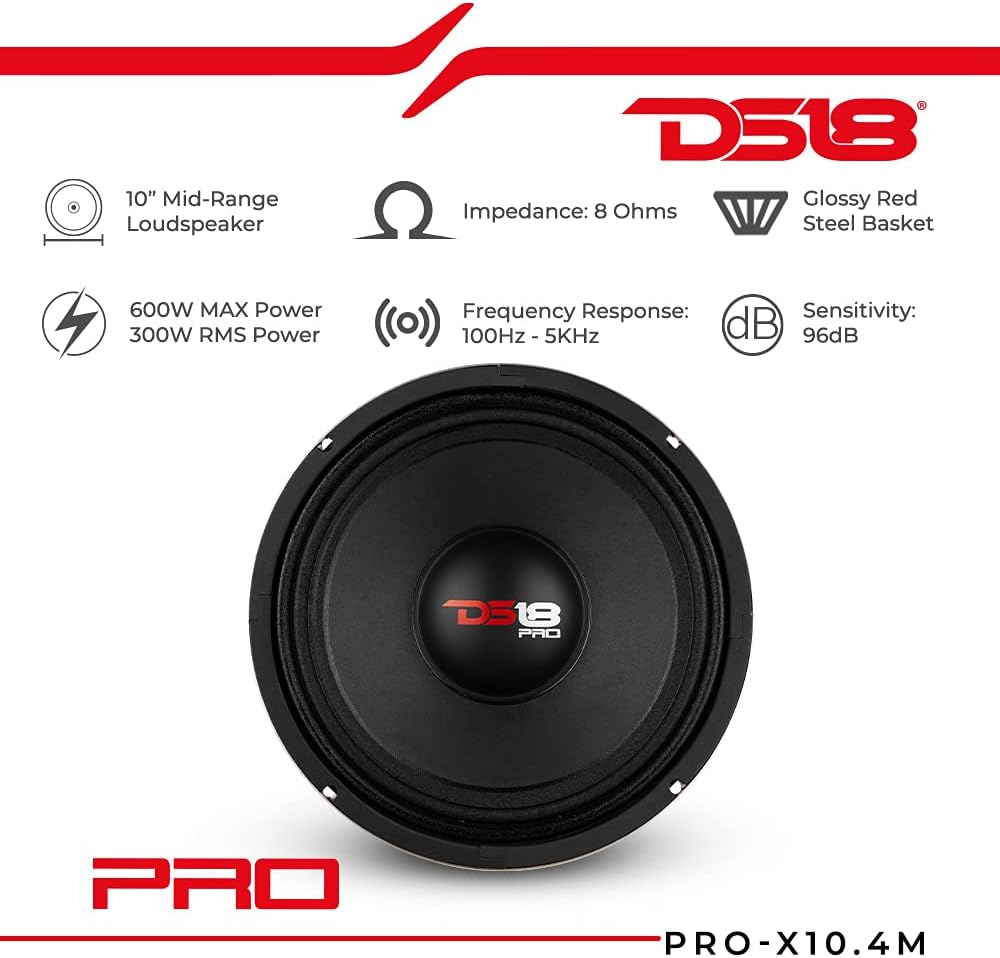DS18 PRO-X10.4M Loudspeaker - 10, Midrange, Red Steel Basket, 600W Max, 300W RMS, 4 Ohms - Premium Quality Audio Door Speakers for Car or Truck Stereo Sound System (1 Speaker)