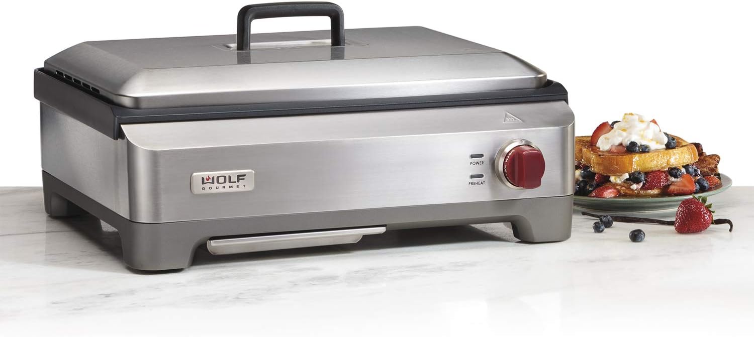 Wolf Gourmet Precision Electric Griddle, Indoor Grill, 200 sq. in, Nonstick Coating, Advanced Temperature Control, Stainless Steel, Red Knob (WGGR100S)