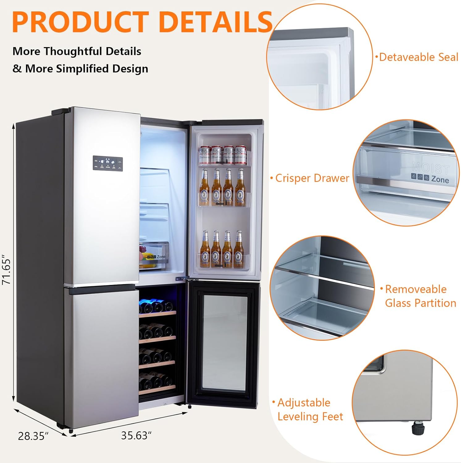 36 Inch French Door Refrigerator, 21 Cu.Ft. Counter Depth Refrigerator Bottom Freezer with Wine Cabinet, Stainless Steel 4 Doors Fridges Kitchen Freezer, Dual Ice Maker, Adjustable Shelves