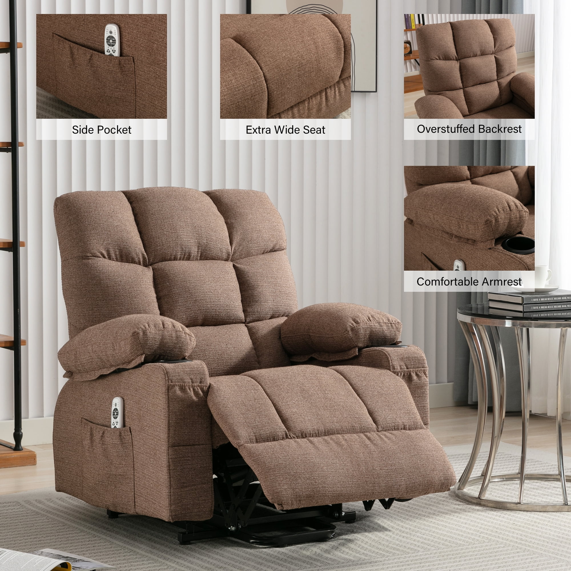 Power Lift Recliner Chair, 23in Wide Large Recliner Chair for Elderly with Massage and Heating, Electric Massage Lift Recliner Chair with Cup Holder, Pocket, USB Port, 330lbs Weight Capacity, Brown - Curated Treasures Market
