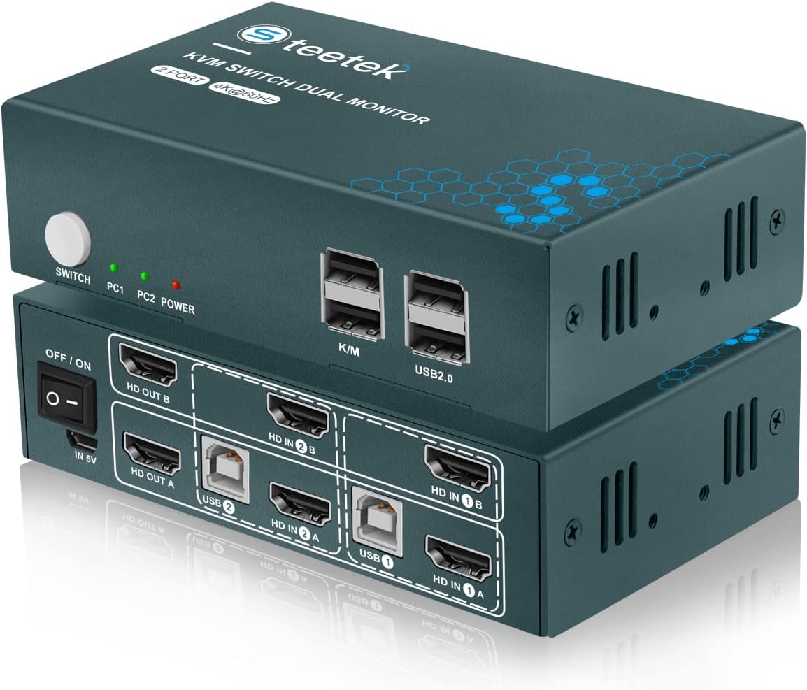 KVM Switch Dual Monitor 4 Port 4K@30Hz, HDMI KVM Switch Extended Display 4 in 2 Out, PC Screens Keyboard Mouse Switcher. Button Switch and HDCP 1.2 Supported, with 8 HDMI and 4 USB Cables