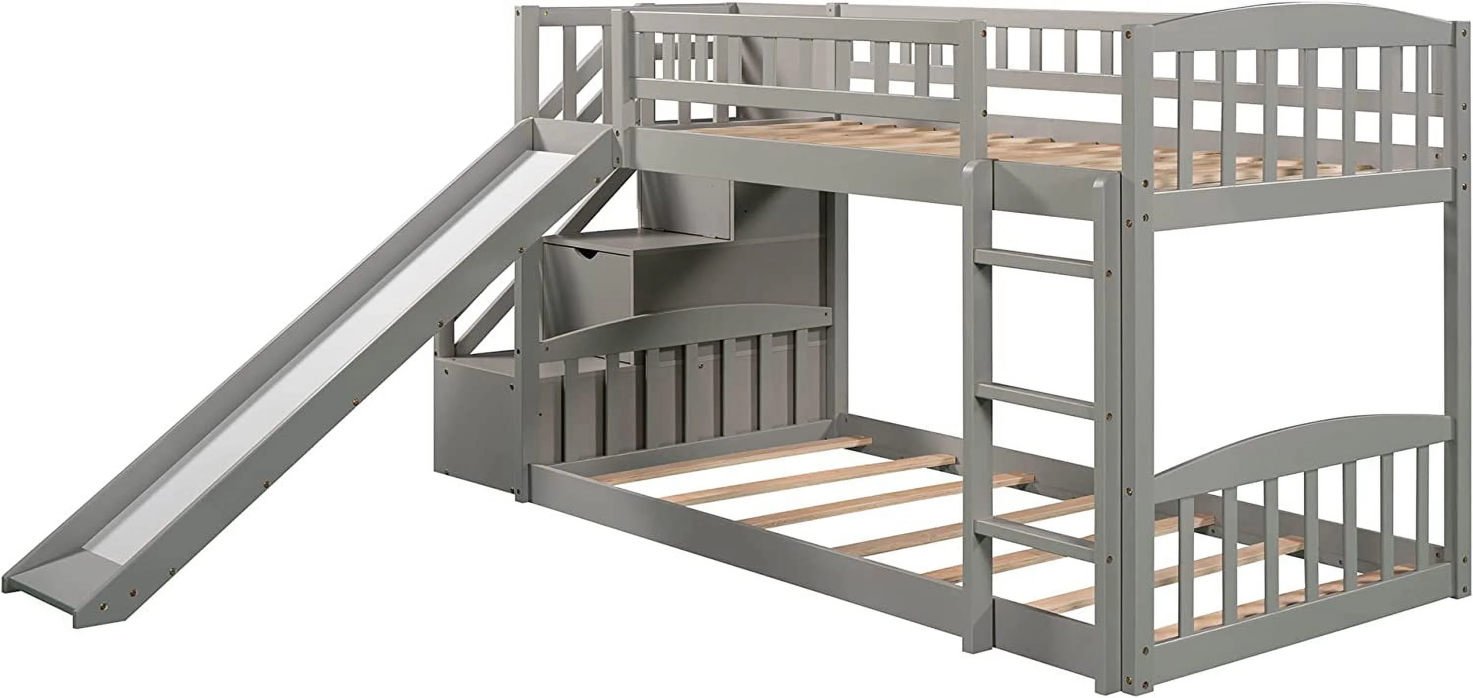 Kids Bunk Bed Over , Wooden Bunk Bed With Slide And Guardrail, Floor Bunk Bed With Stairway/Two Drawers/Handrail, Space-Saving Bedroom Dormitory Furniture (Gray)