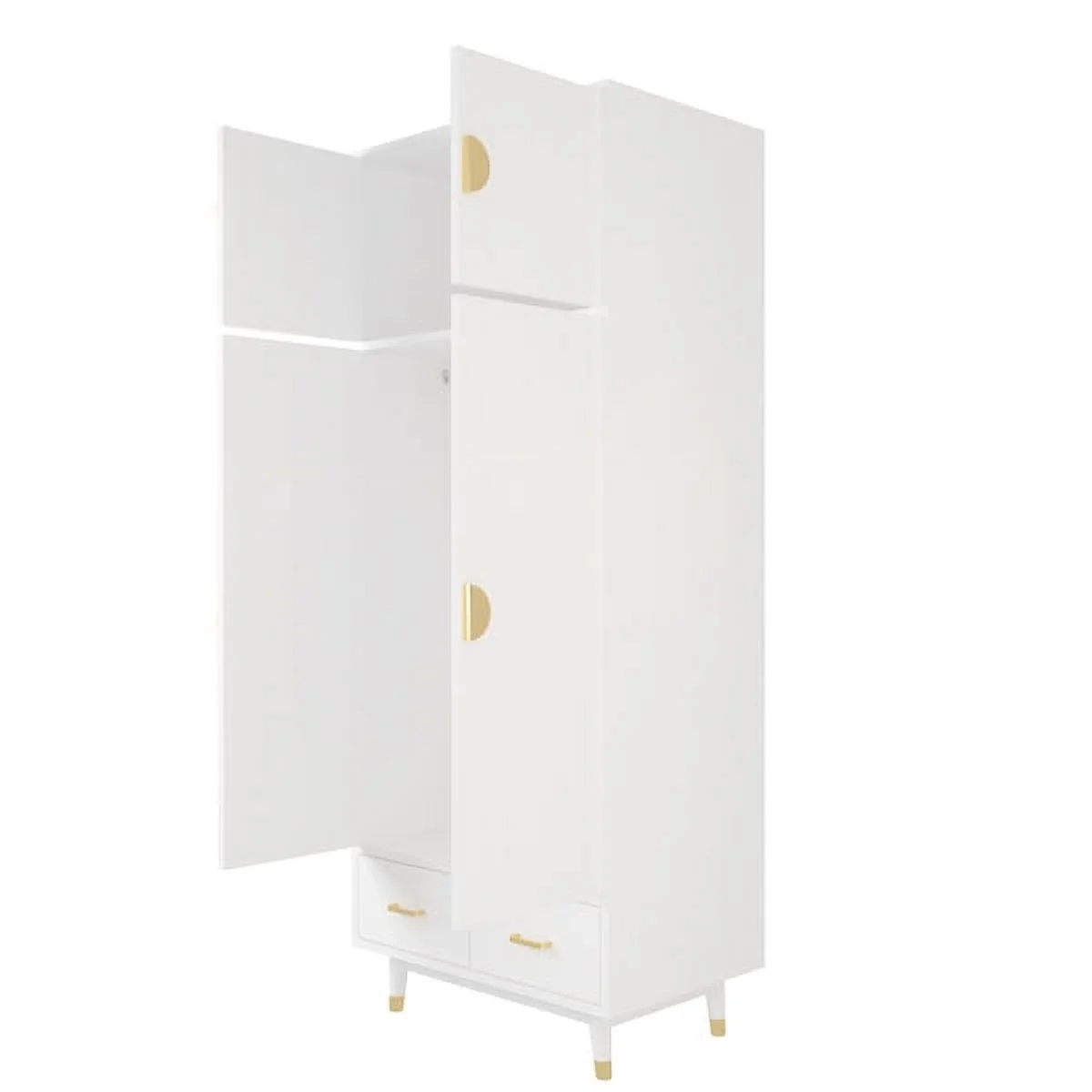 SYTHERS 4 Door Wood Wardrobe Bedroom Closet with Clothing Rod inside Cabinet and 2 Drawers for Storage, White(31.5"L x20.5"W x70.9"H)