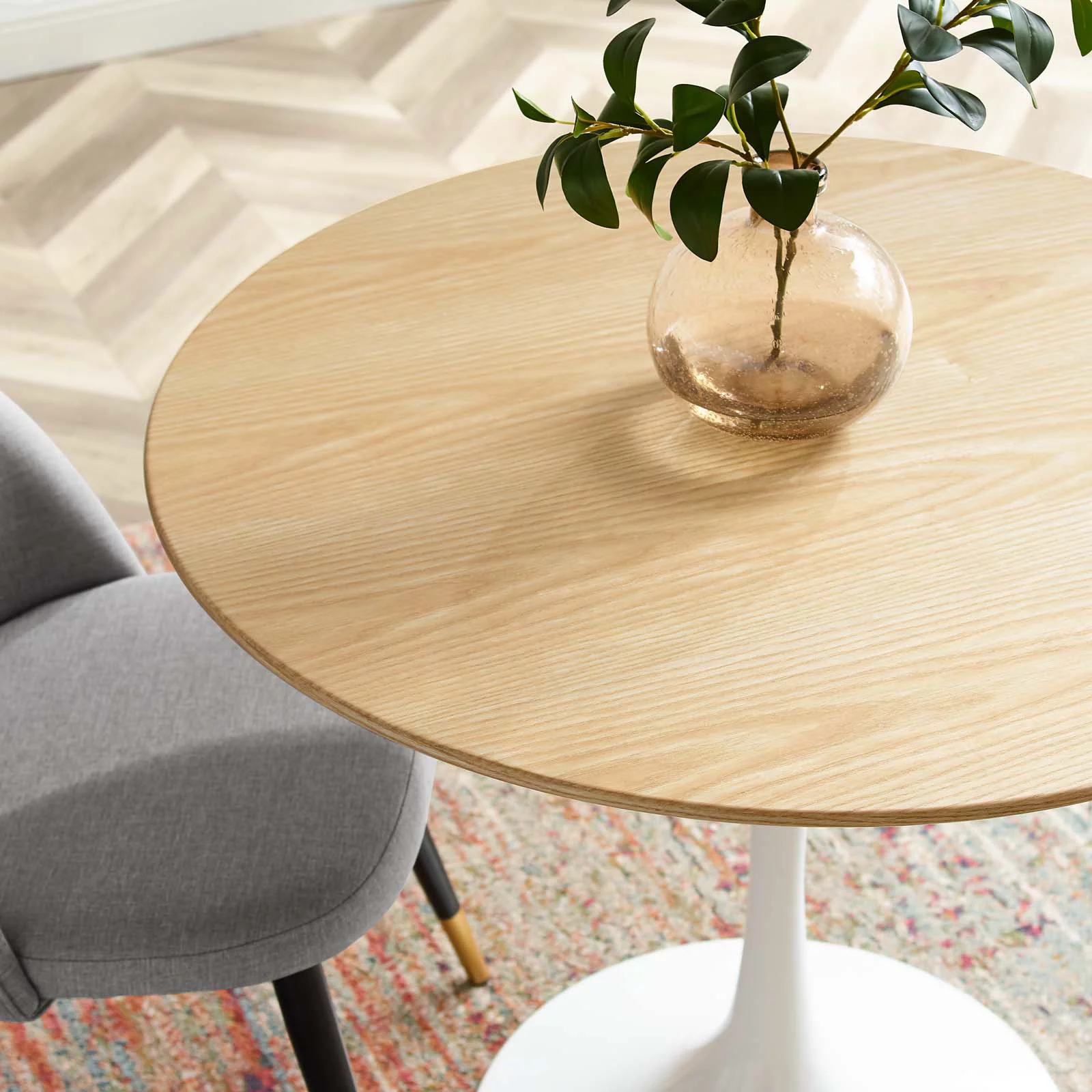 36 inch Dining Table, Round, Natural Brown White, Wood, Metal Steel, Modern Contemporary Mid-Century, Kitchen Room Cafe Bistro Restaurant Hospitality