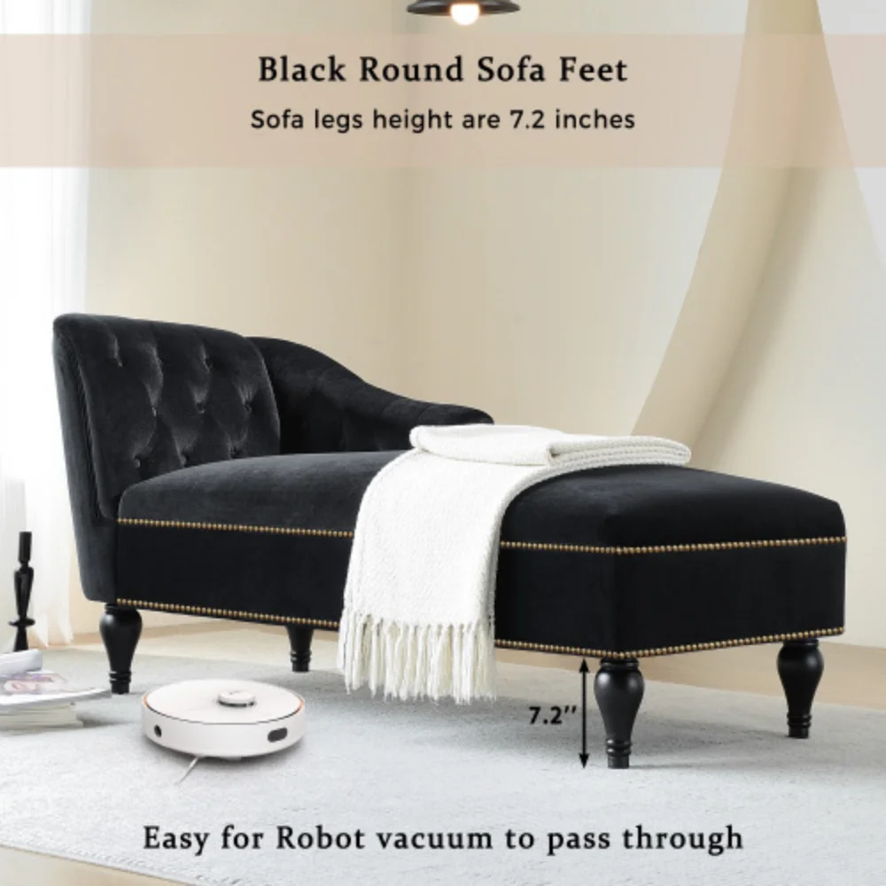 8" Velvet Chaise Lounge,Button Tufted Right Arm Facing Lounge Chair with Nailhead Trim & Solid Wood Legs for Living Room or Office, Sleeper Lounge Sofa (Black)