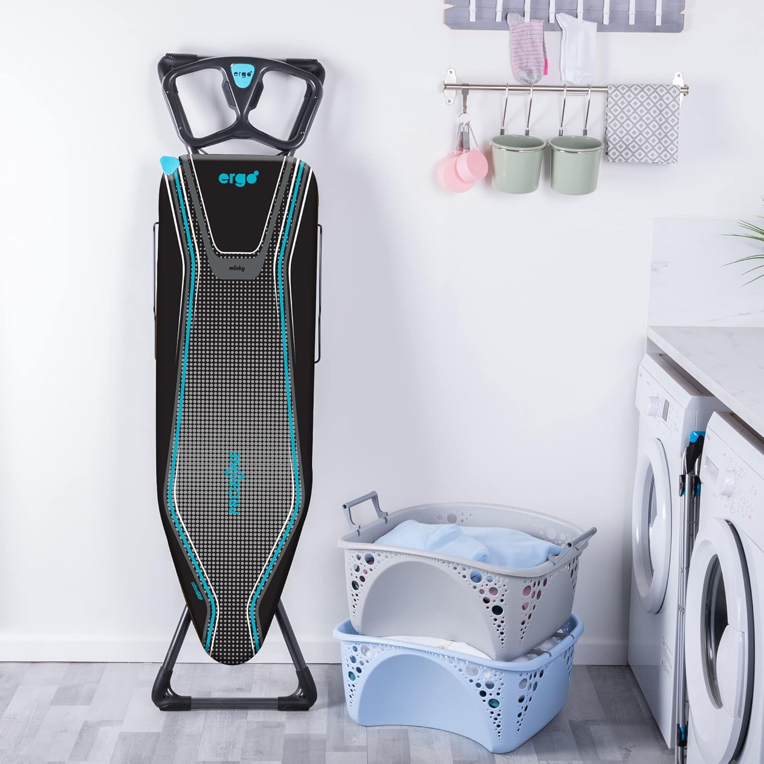 Minky Homecare Ergo Plus Prozone Ironing Board Made in UK Freestanding Full Size Iron Table with Heat Reflective Cover, Thick Felt Underlay and Large 48" x 15" Ironing Surface (Gunmetal and Blue)