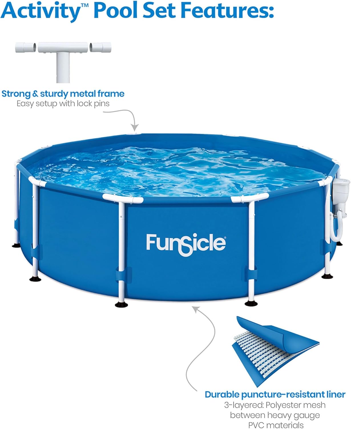 Funsicle 10' x 30" Outdoor Activity Round Metal Frame Above Ground Swimming Pool Set with 10' Secure Debris Pool Cover & SkimmerPlus Filter Pump, Blue