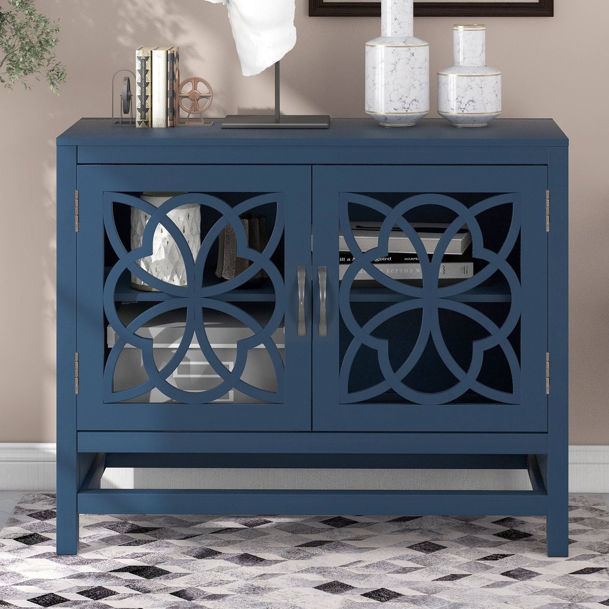 Wood Accent Buffet Sideboard Storage Cabinet with Doors u0026 Shelf, Navy - Navy Blue