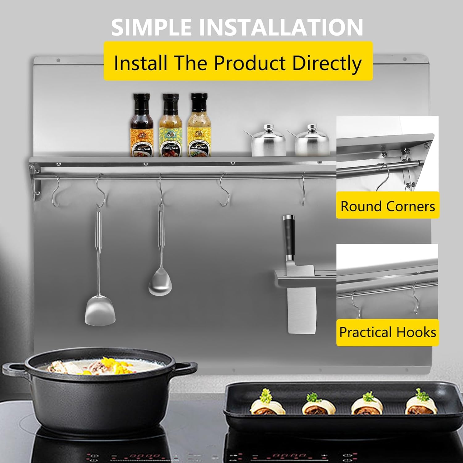 Range Backsplash with Shelf 36x 29.5 Inch Range Hood Wall Shield, Stainless Steel Backsplash Silver Splash Plate for Range Hood Stainless Backsplash with Built-in Storage Shelf and Hanging Rack