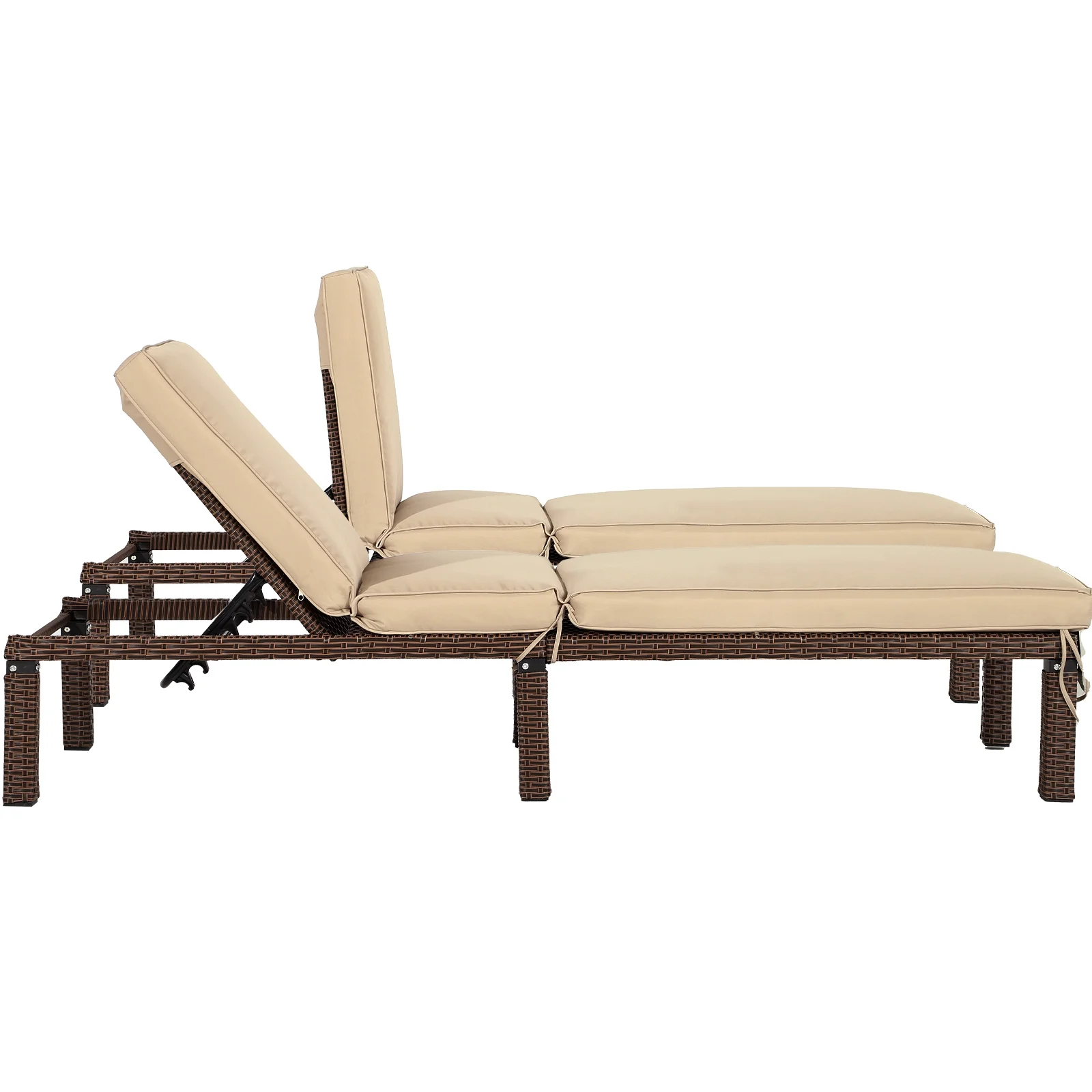 Magic Union Outdoor Rattan Wicker Chaise Lounge Chair with Adjustable Backrest & Cushion, Set of 2-Khaki