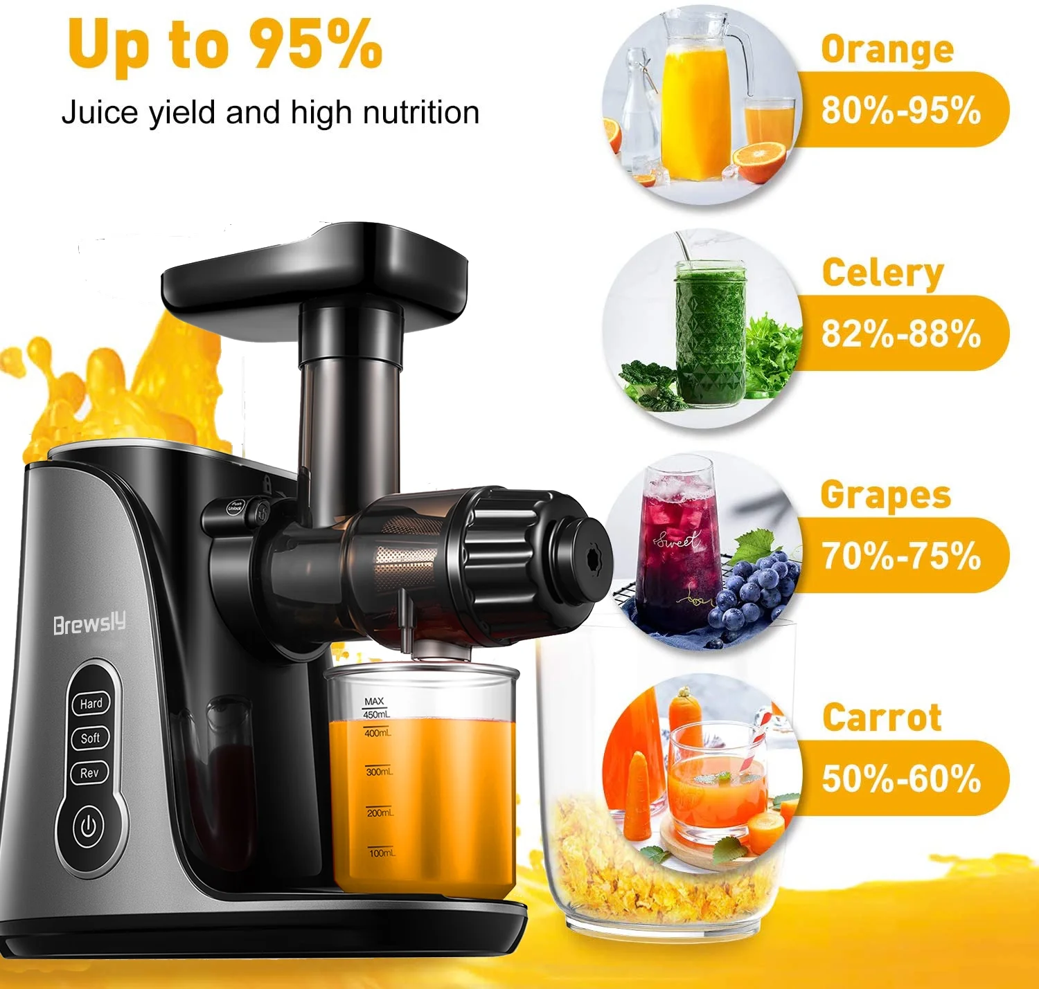 Brewsly Juicer Machines Easy to Clean, Slow Masticating Juicer Higher Juice Yield, Black