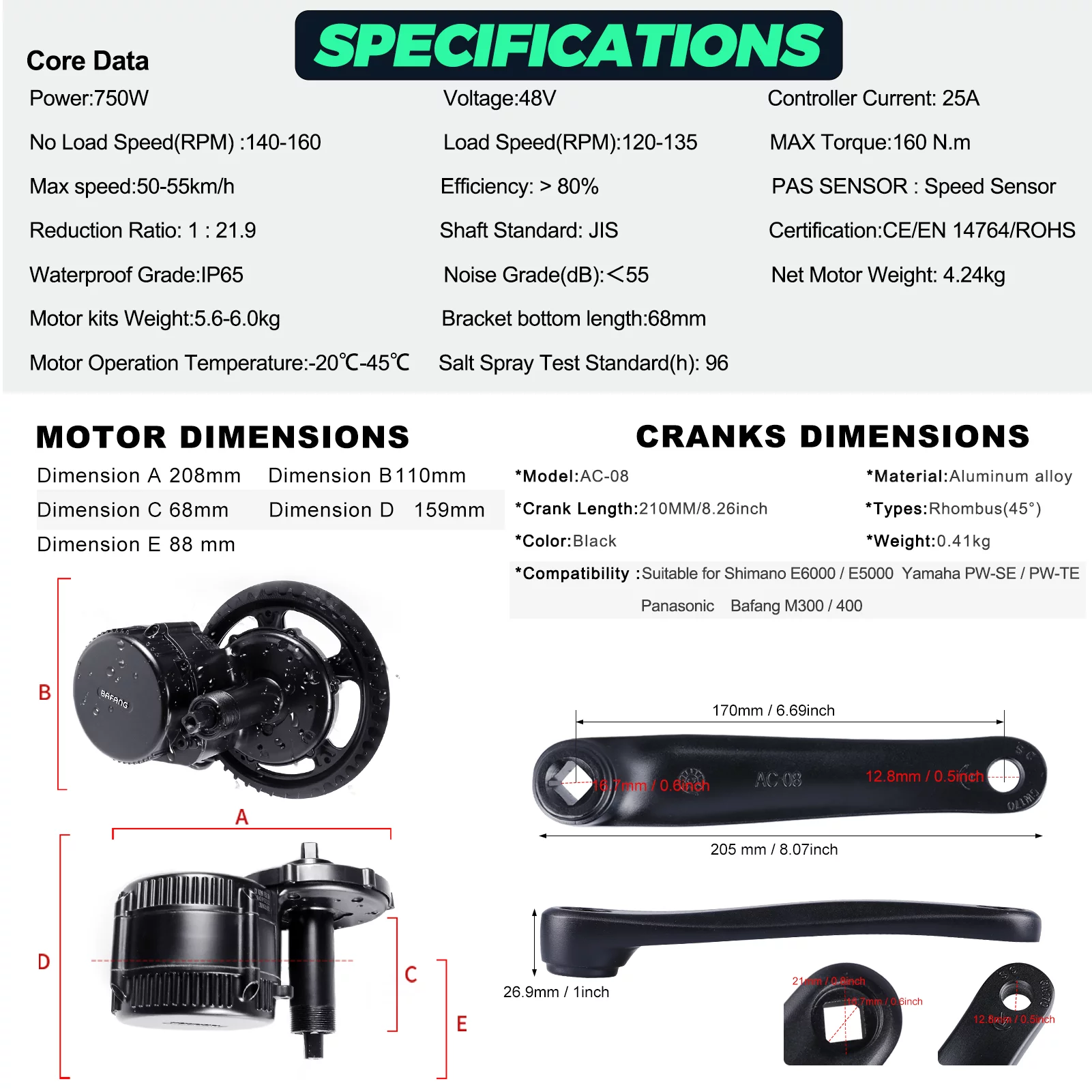 48V 750W BAFANG Ebike Conversion Kit Mid Drive Motor Set BBS02 DIY Bicycle 500C
