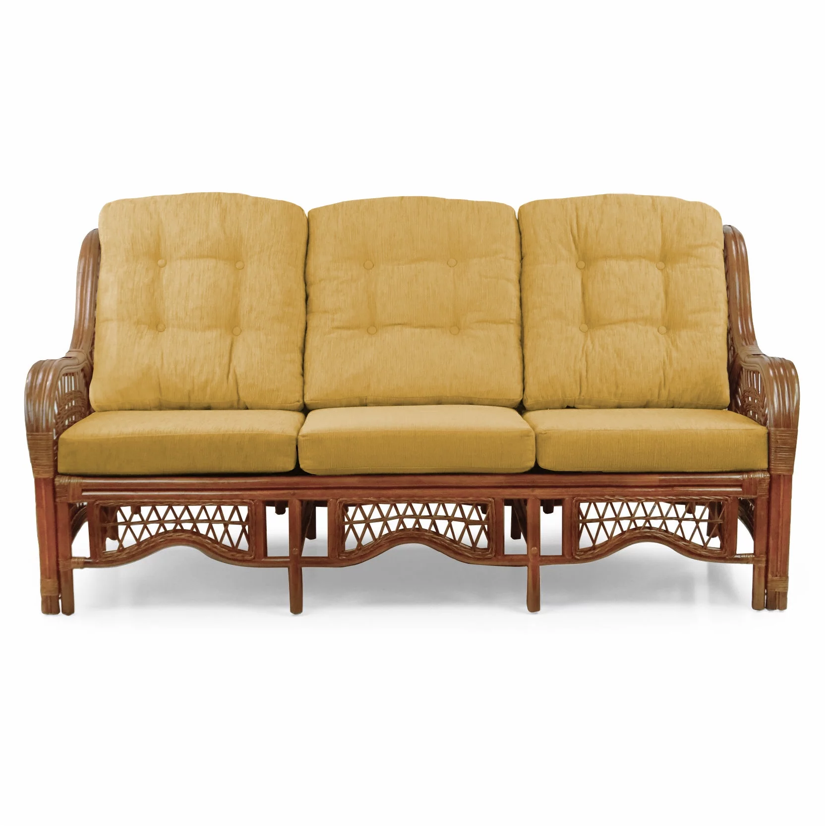 Malibu Lounge Three-Seater Sofa Natural Rattan Wicker Handmade Design with Light Brown Cushions, Colonial