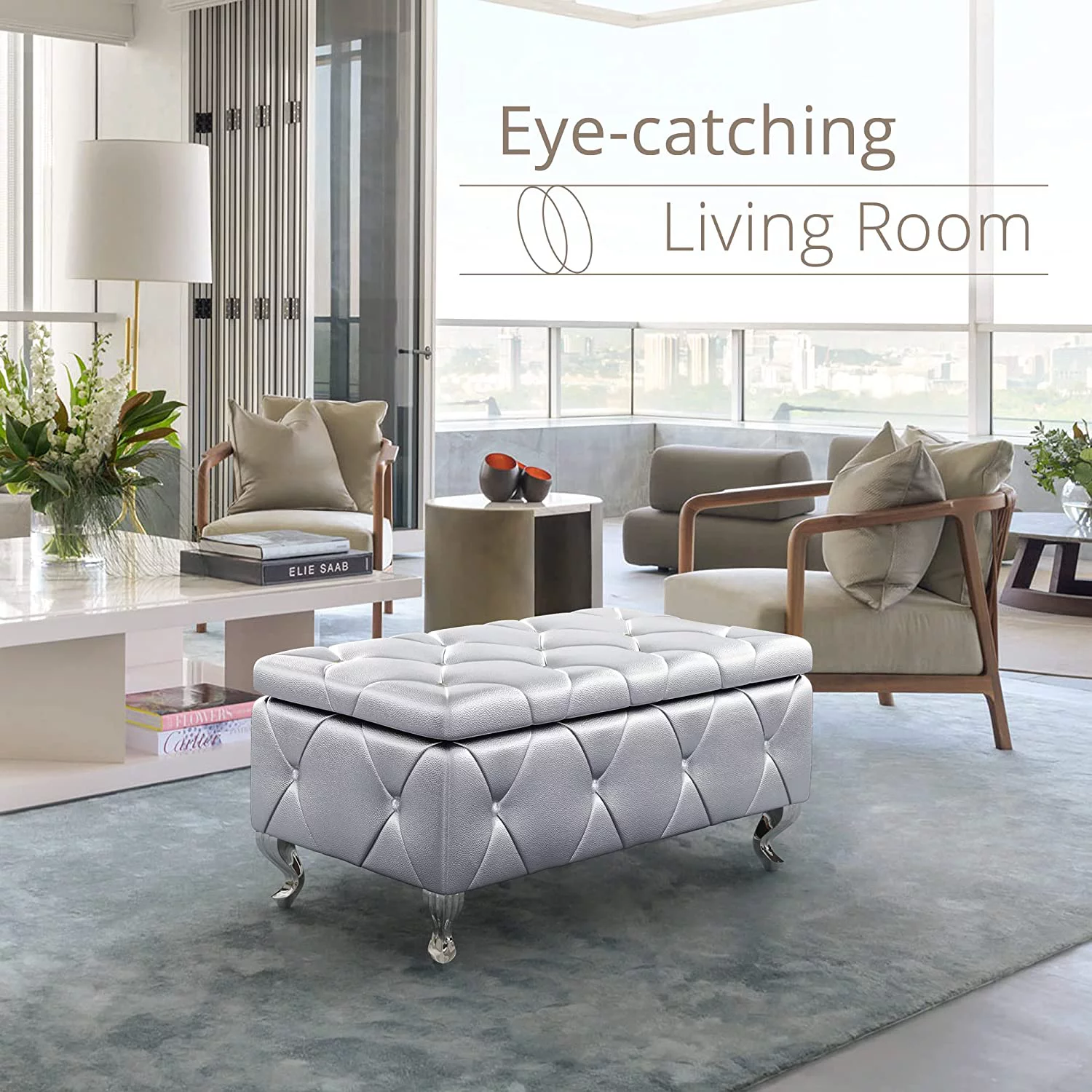 Storage Ottoman Bench, 38'' Upholstered Silver Faux Leather Ottoman with Crystal Tufted Button, Flip Top Foot Rest, End of Bed Bench Seat for Bedroom, Living Room, Vanity, 350LBS