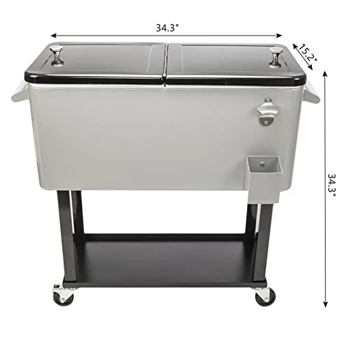 80 Quart Rolling Cooling Bins Ice Chest on Wheels - Outdoor Stand Up Drink Cooler Cart with Bottle Opener Drainage, Perfect for Backyard Patio Deck Parties and Entertaining Guests (Grey) - Curated Treasures Market