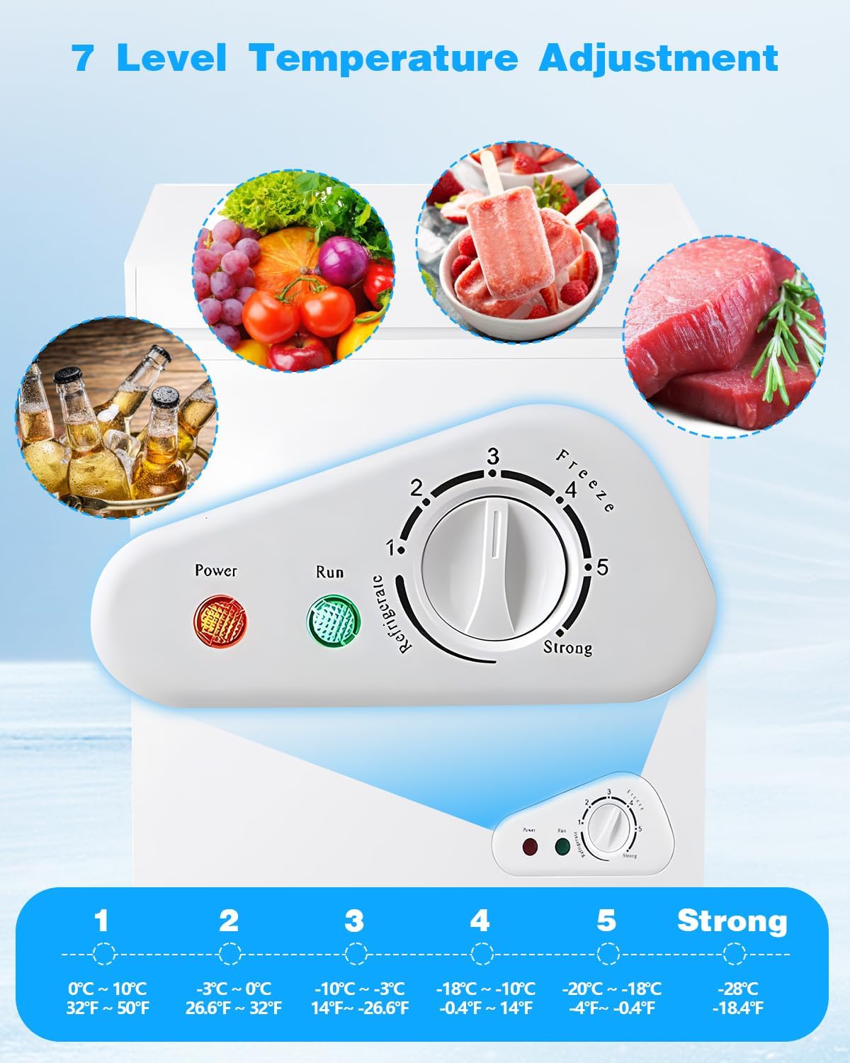 Compact Chest Freezer, 3.5 Cu.Ft. Deep Freezer with Basket, 6 Level Adjustable Temperature, Top Door Mini Freezer White