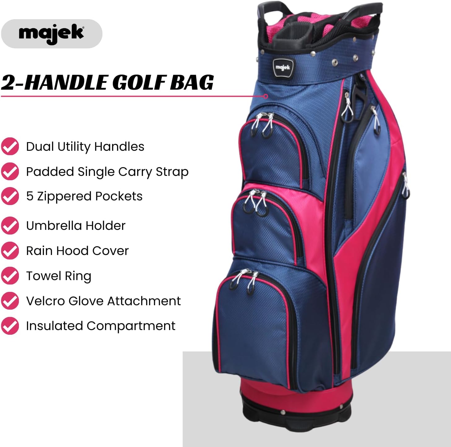 Majek Premium Ladies Navy Blue Pink Golf Bag 9.5 inch 14-Way Friendly Separator Top with Putter Sleeve