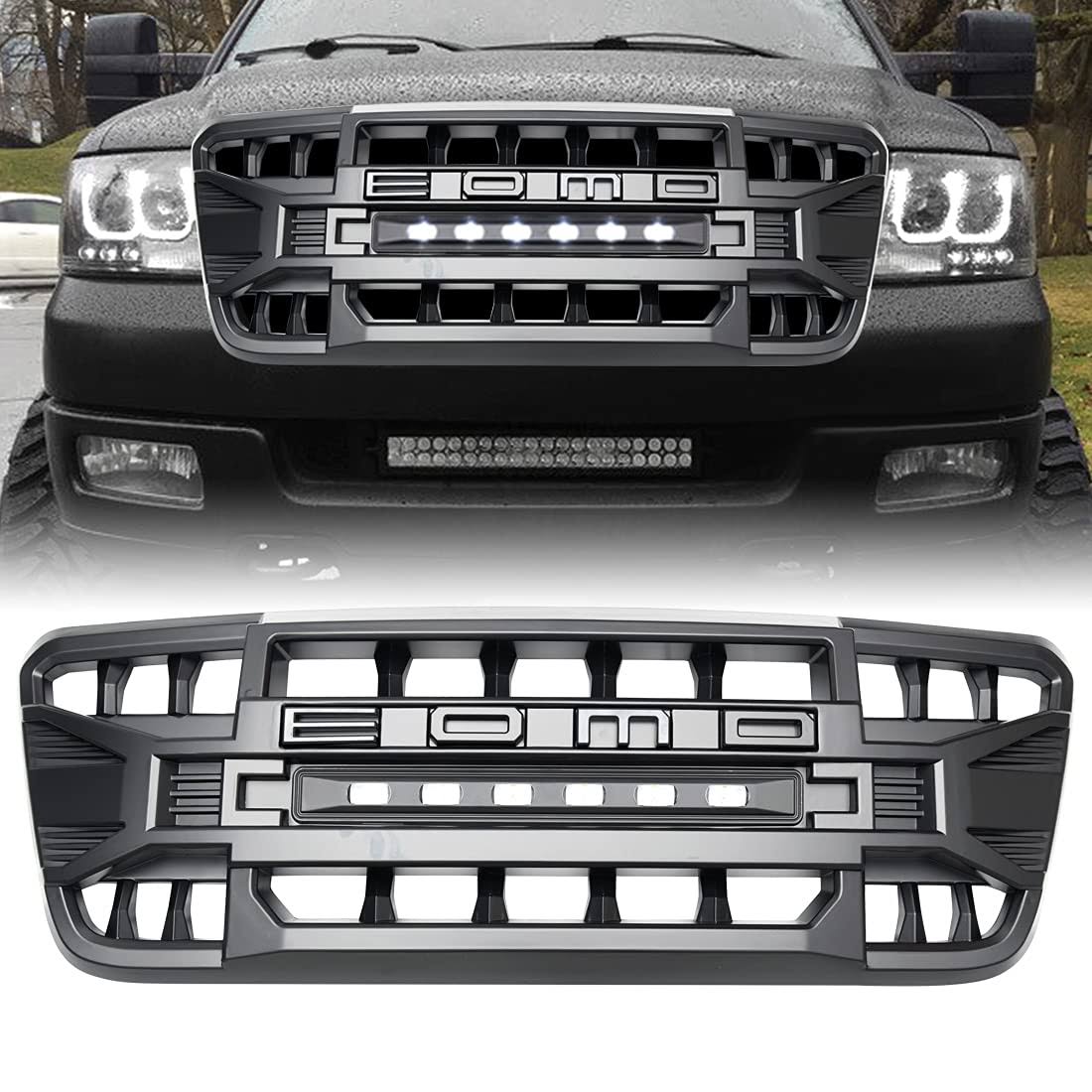 Am American Modified Front Grill Compatible with F150 2004-2008, Matte Black Front Bumper Grille w/Off-Road Lights