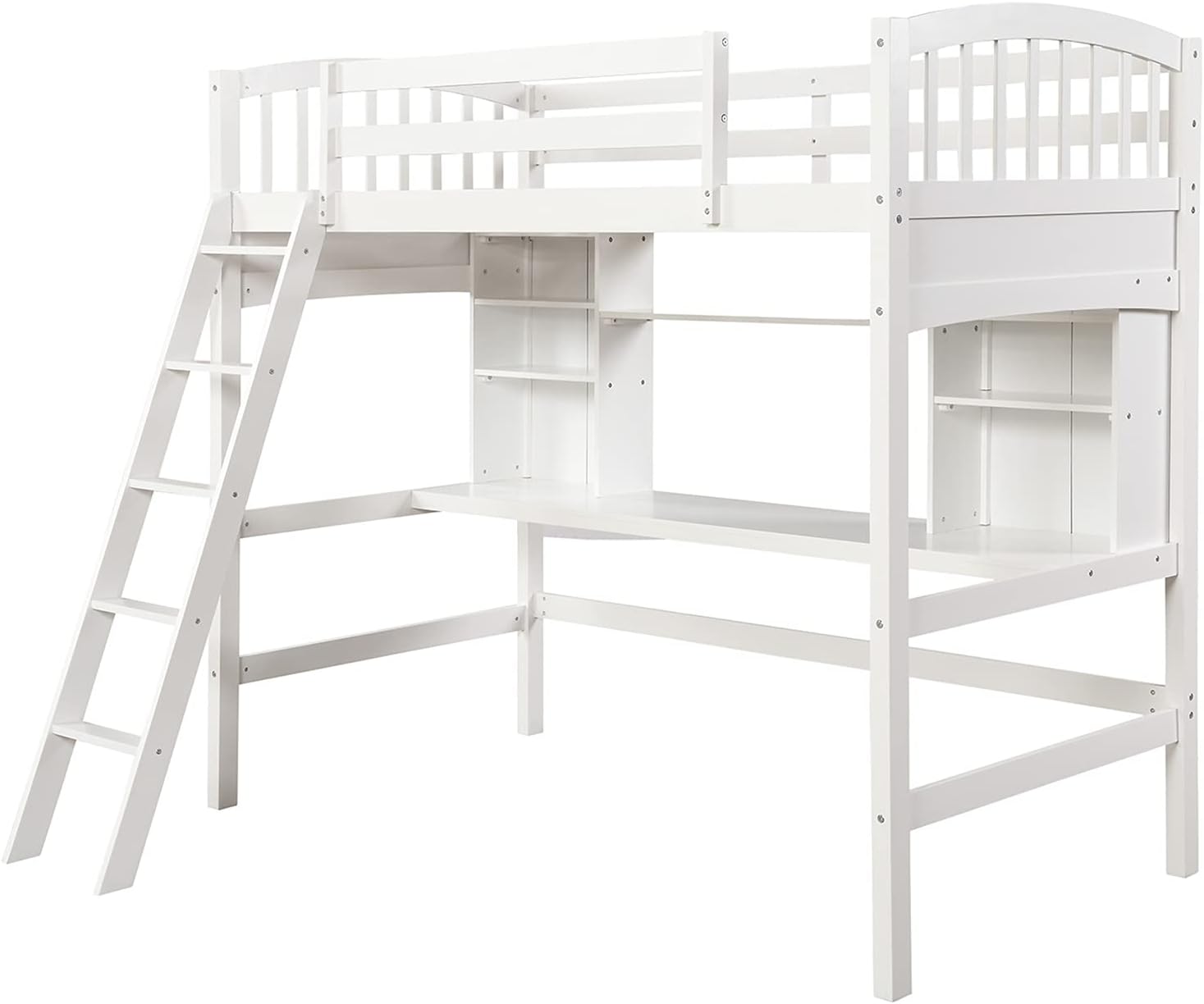 Kids Loft Beds, Twin Loft Bed with Desk, Wood High Loft Bed with Bookcase Shelves for Dorm, Boys & Girls Teens Adults, White