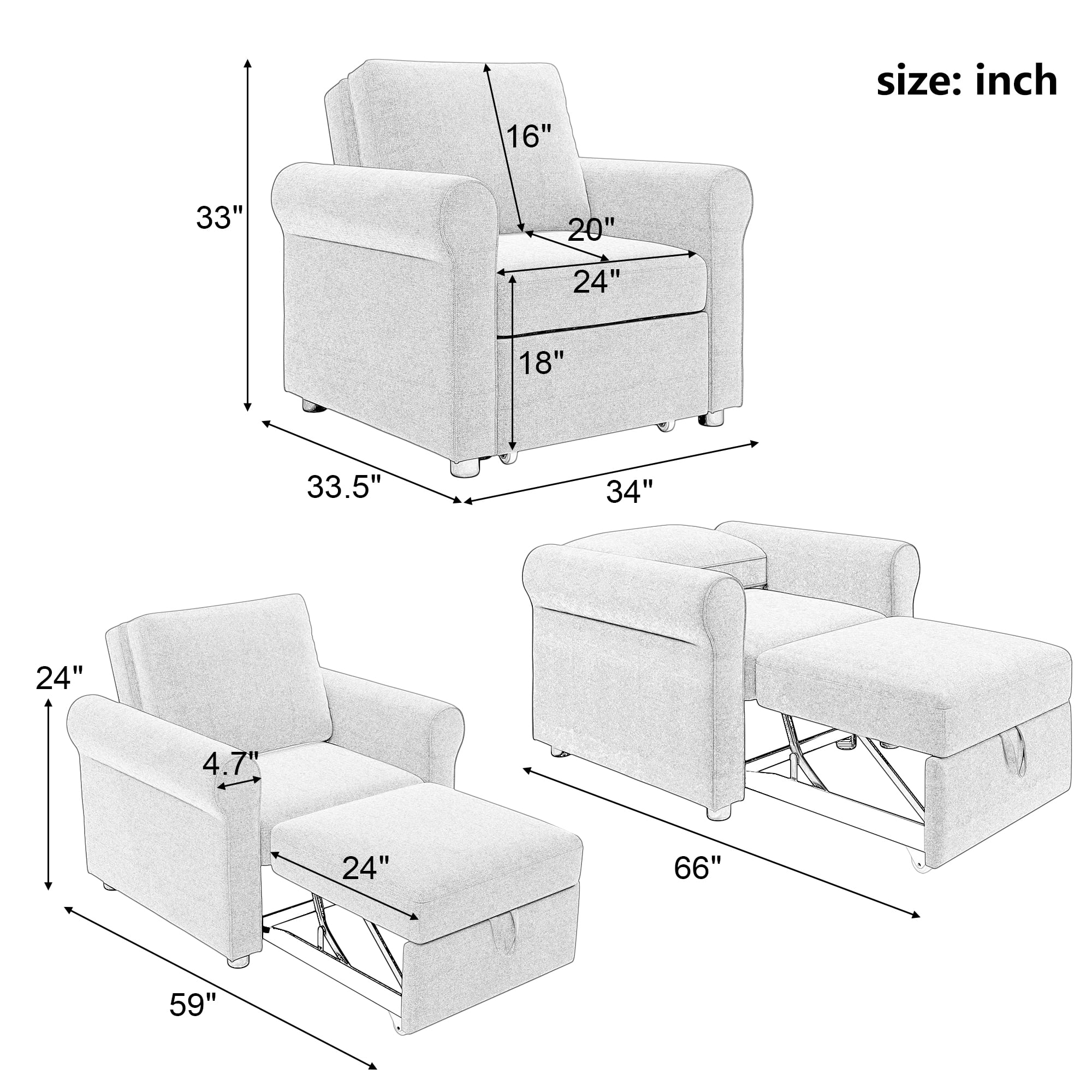 Modern Style 3-in-1 Sofa Bed Chair, Teal, Convertible Sleeper Chair Bed, Metal Frame, High Density Foam - Curated Treasures Market
