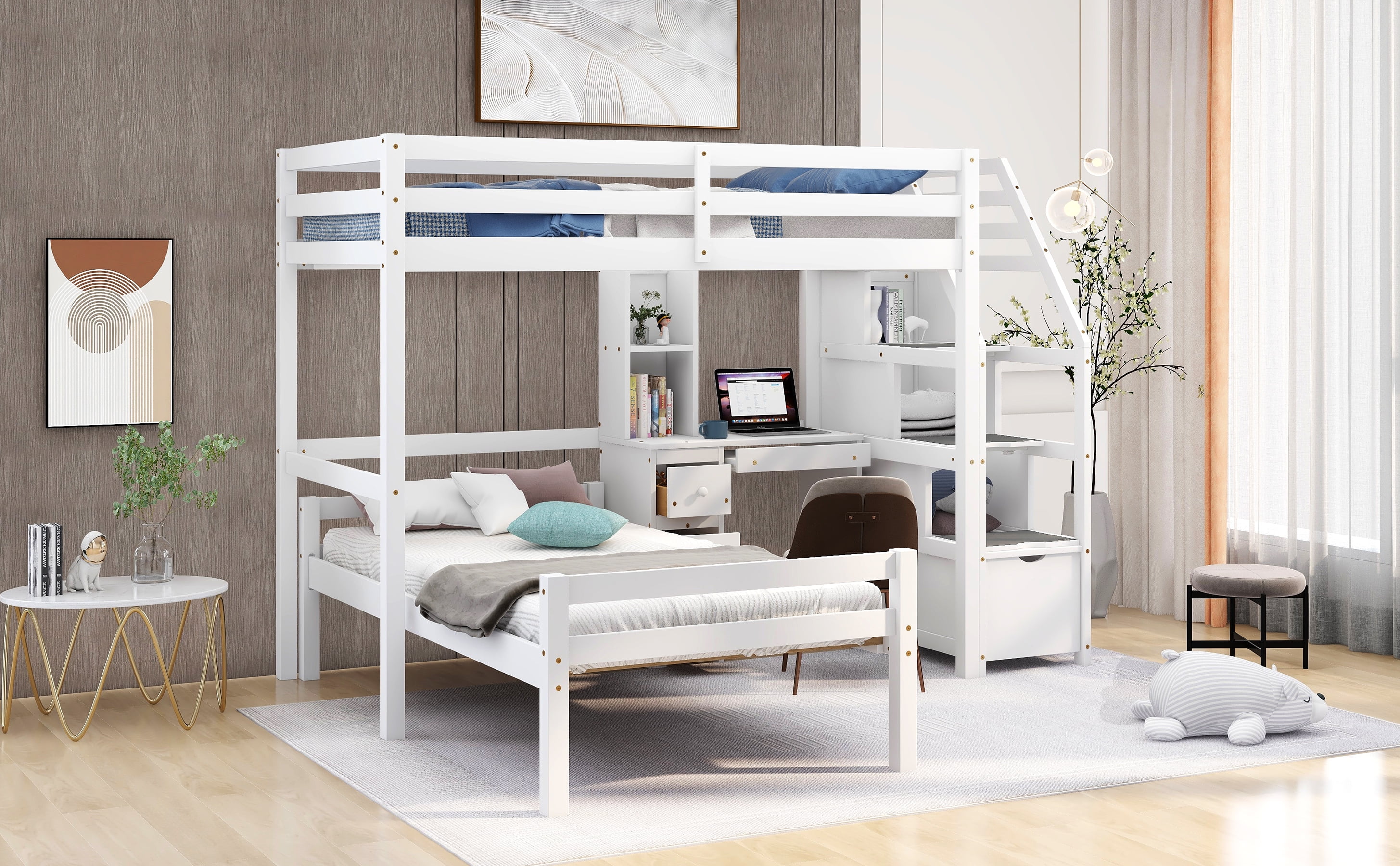 Euroco Wood Twin Bunk Loft Bed with Desk, Drawers and Shelf for Kids, White
