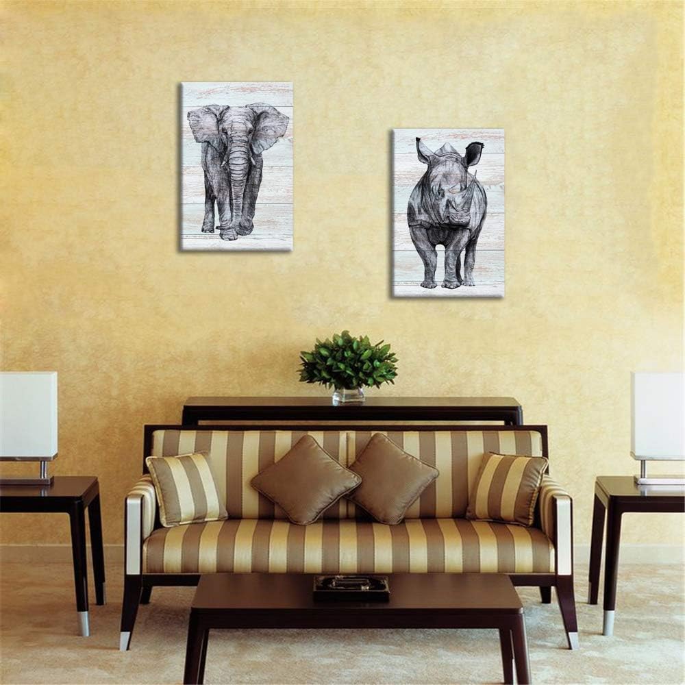 Artsbay 2 Pcs Animal Canvas Wall Art Decor Sketch of Rhino and Elephant Wildlife on Wooden Backdrop Pictures Painting Canvas Print Framed Modern Gallery Wrapped Home Decor for Home Living Room Bedroom
