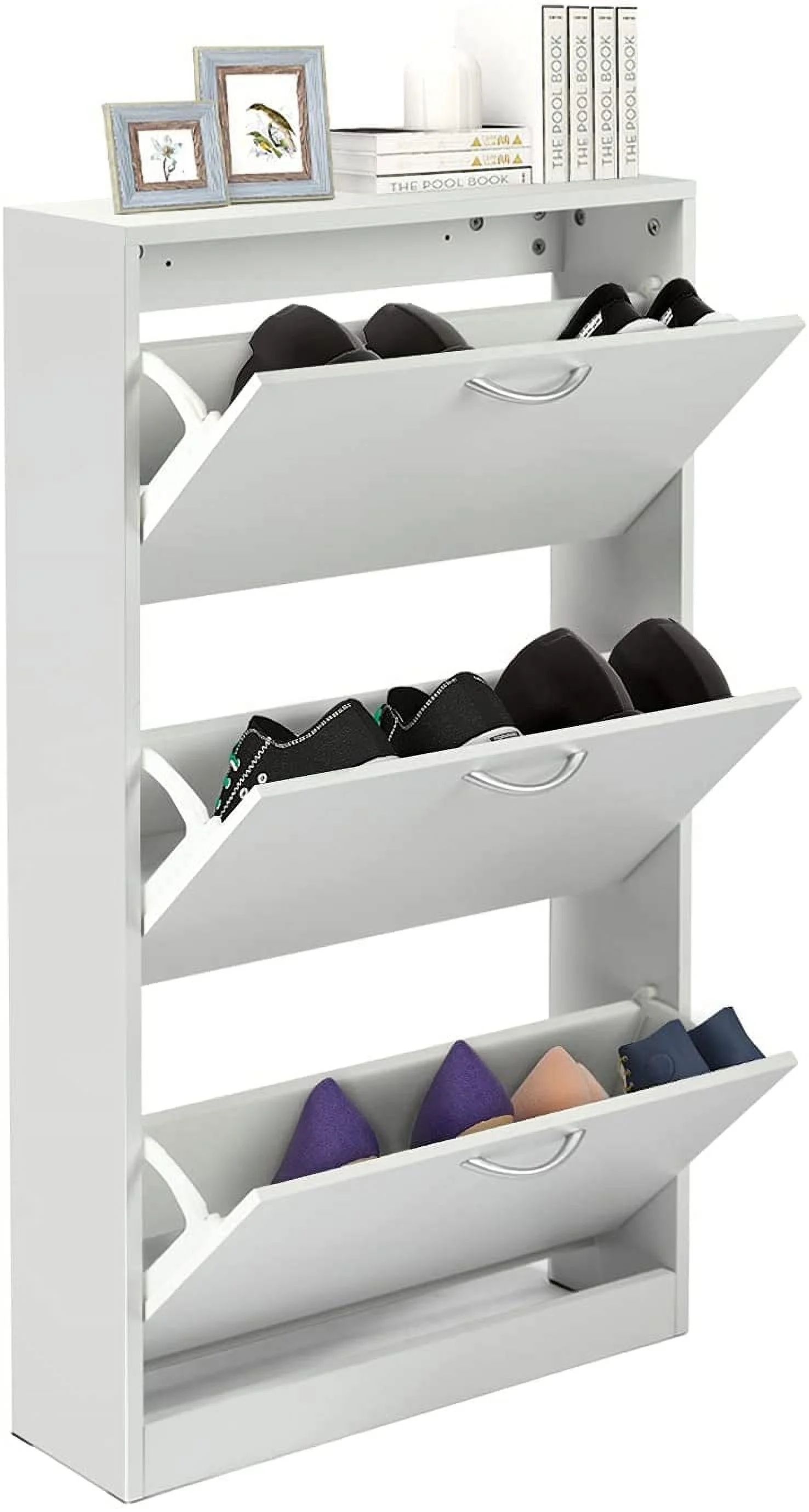 LAZZO Shoe Cabinet for Entryway, White Narrow Shoe Storage Cabinet Flip Down Shoe Rack Wood 3 Tier Shoe Organizer for Home and Apartment
