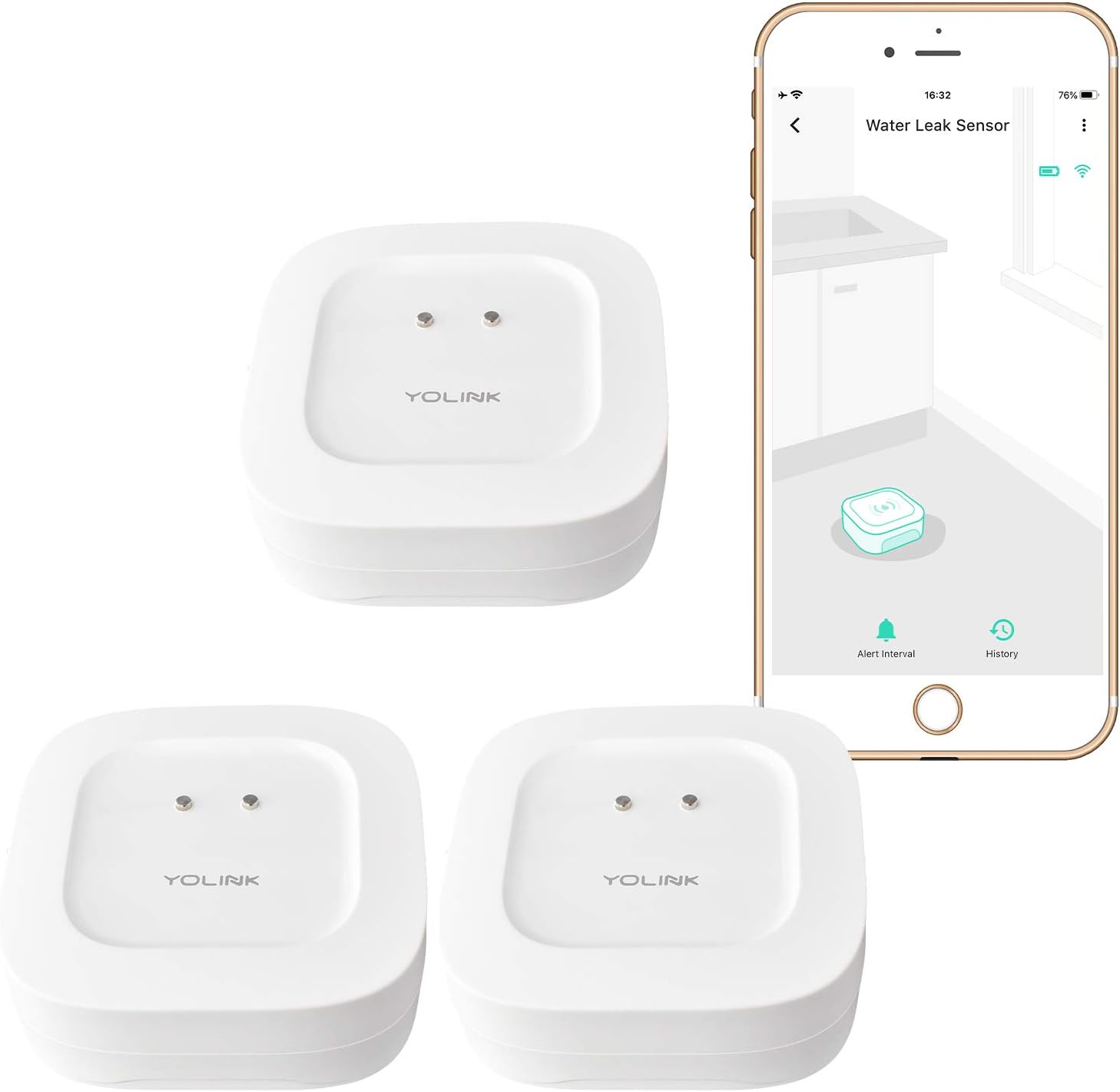 Smart Water Leak Sensor 3 Pack, YoLink 1/4 Mile World's Longest Range Wireless Water Sensor Works with Alexa IFTTT, Water Leak Detector with App Notifications, Remote Monitoring - YoLink Hub Required