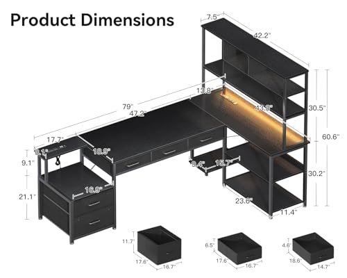 AODK 71 inch L Shaped Desk with File Drawers, Reversible L Shaped Gaming Desk with Power Outlets & LED Lights, Computer Desk with Storage Shelves for Home Office, Black